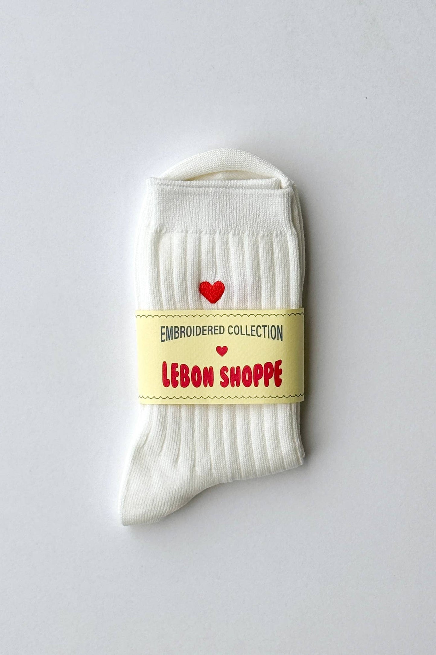 Embroidered Her Socks - Cotton Rib - Classic White + Heart