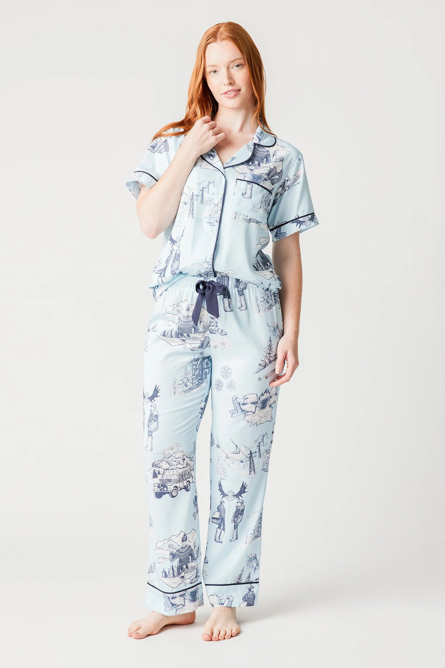 Après Ski Toile Pajama Pants Set - Light Blue/Navy - Katie Kime