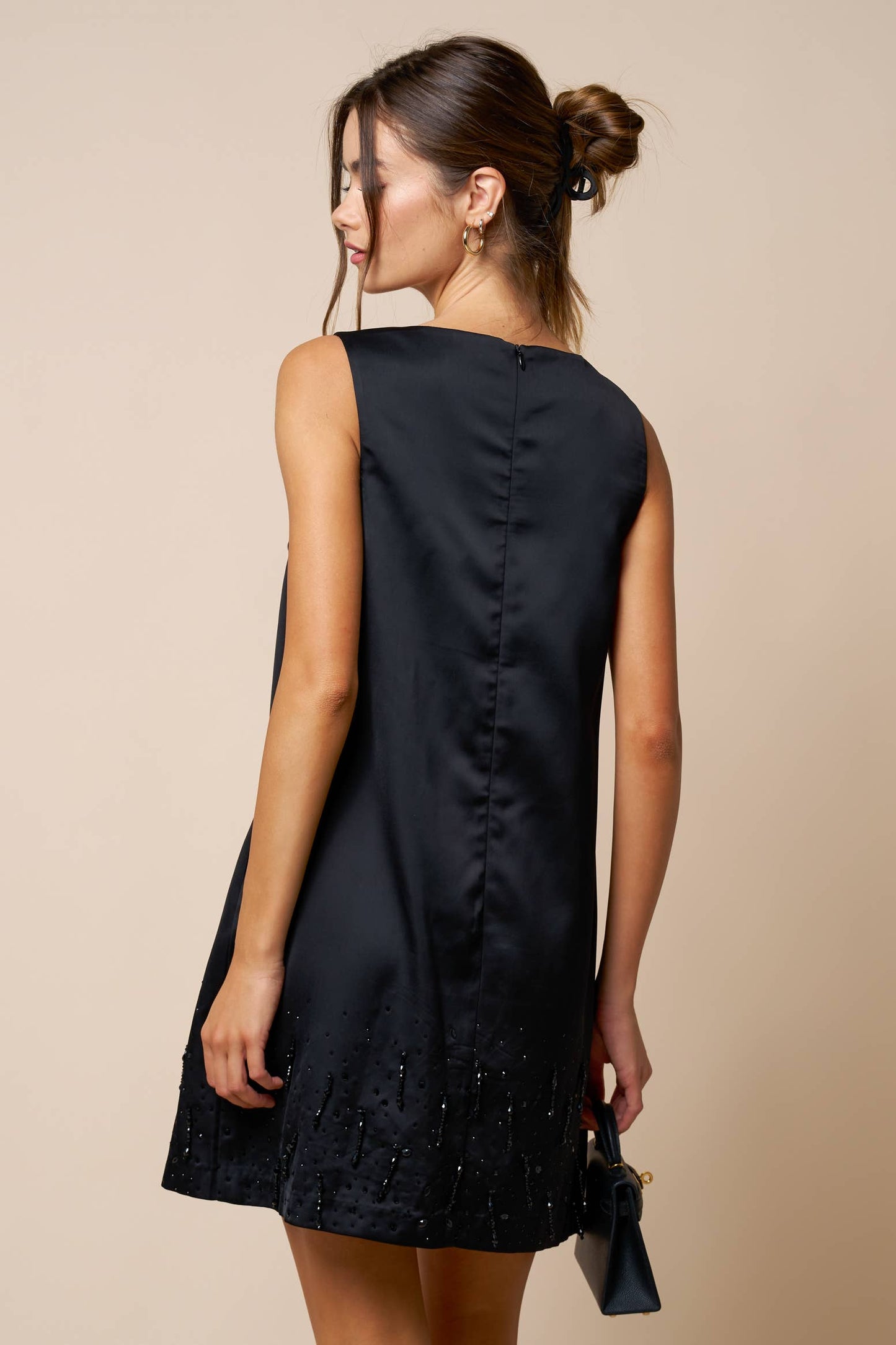 Bead Detail Satin Sleeveless Shift Dress - Black