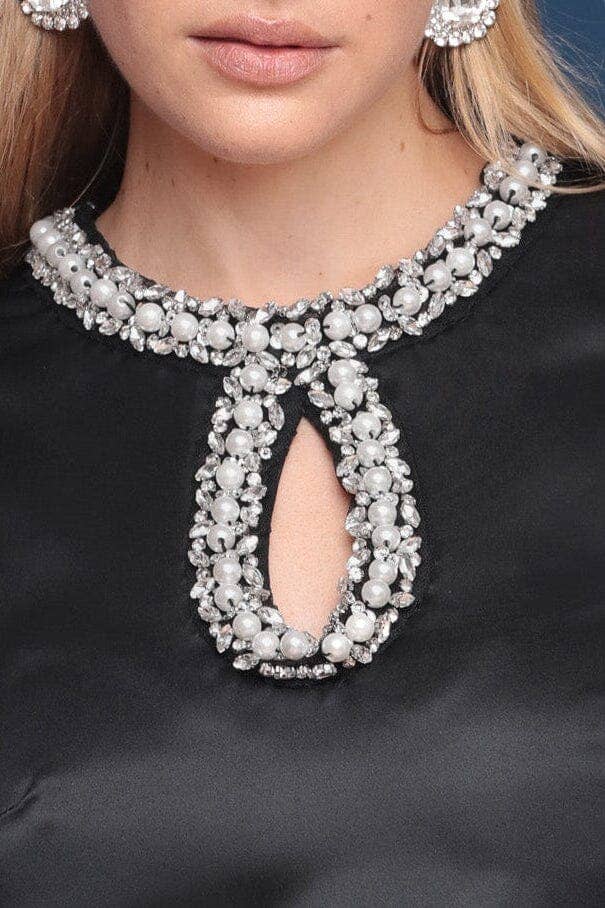 Embellished Satin Mini Shift Dress - Black