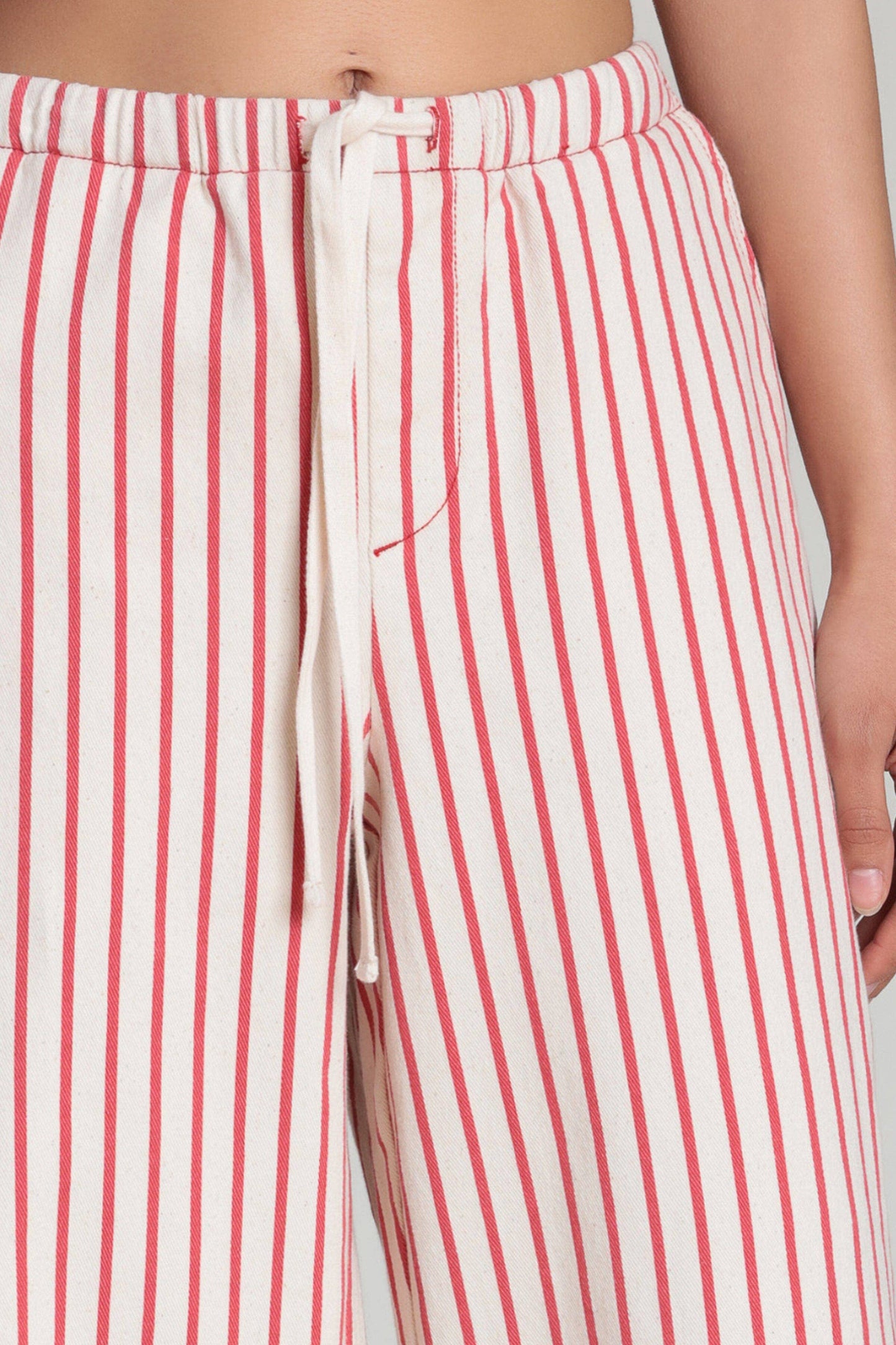 Striped Stretch Cotton Wide Leg Pants - Cream/Red Stripe