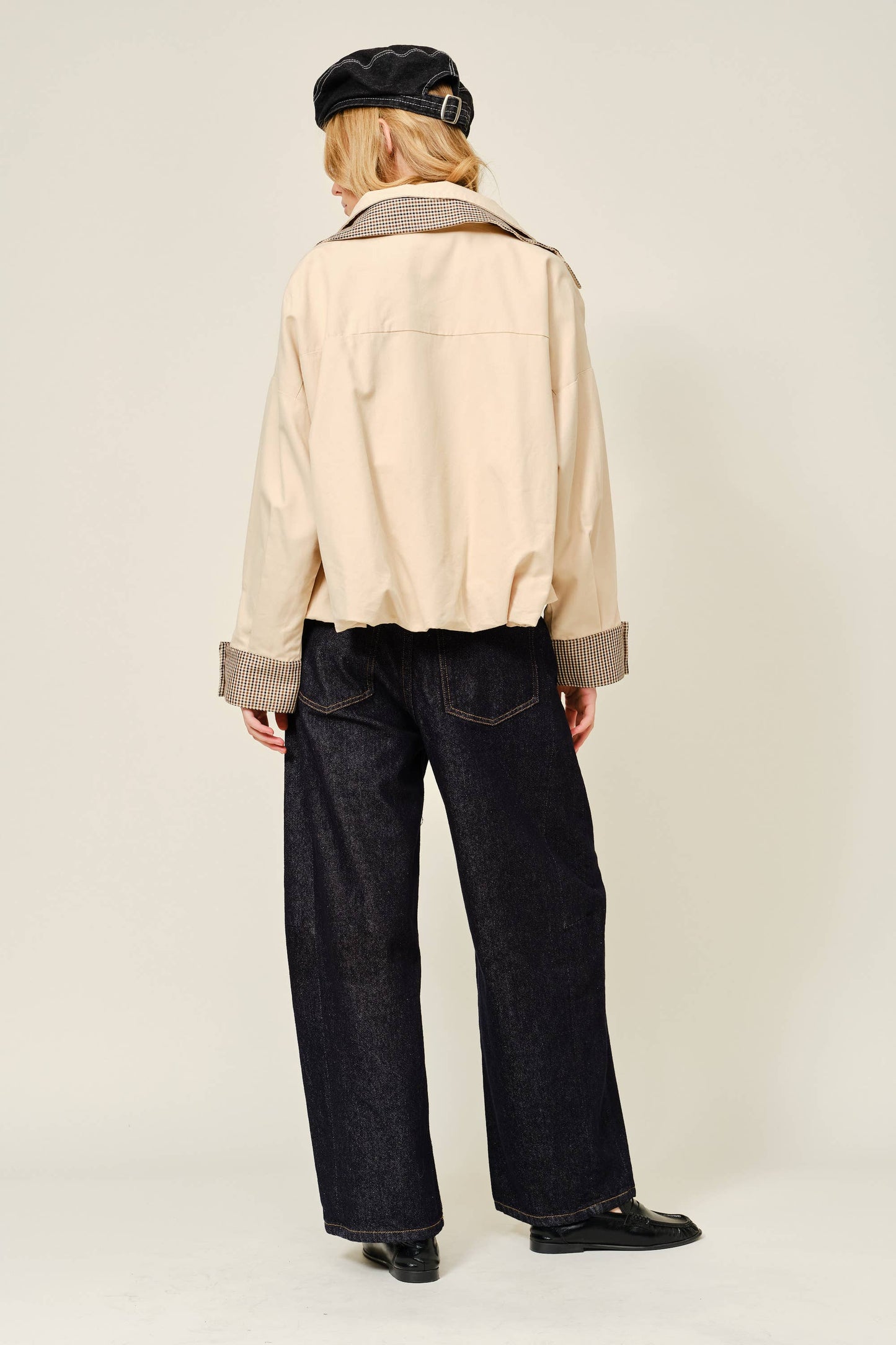 Oversized Bomber Jacket with Plaid Detail