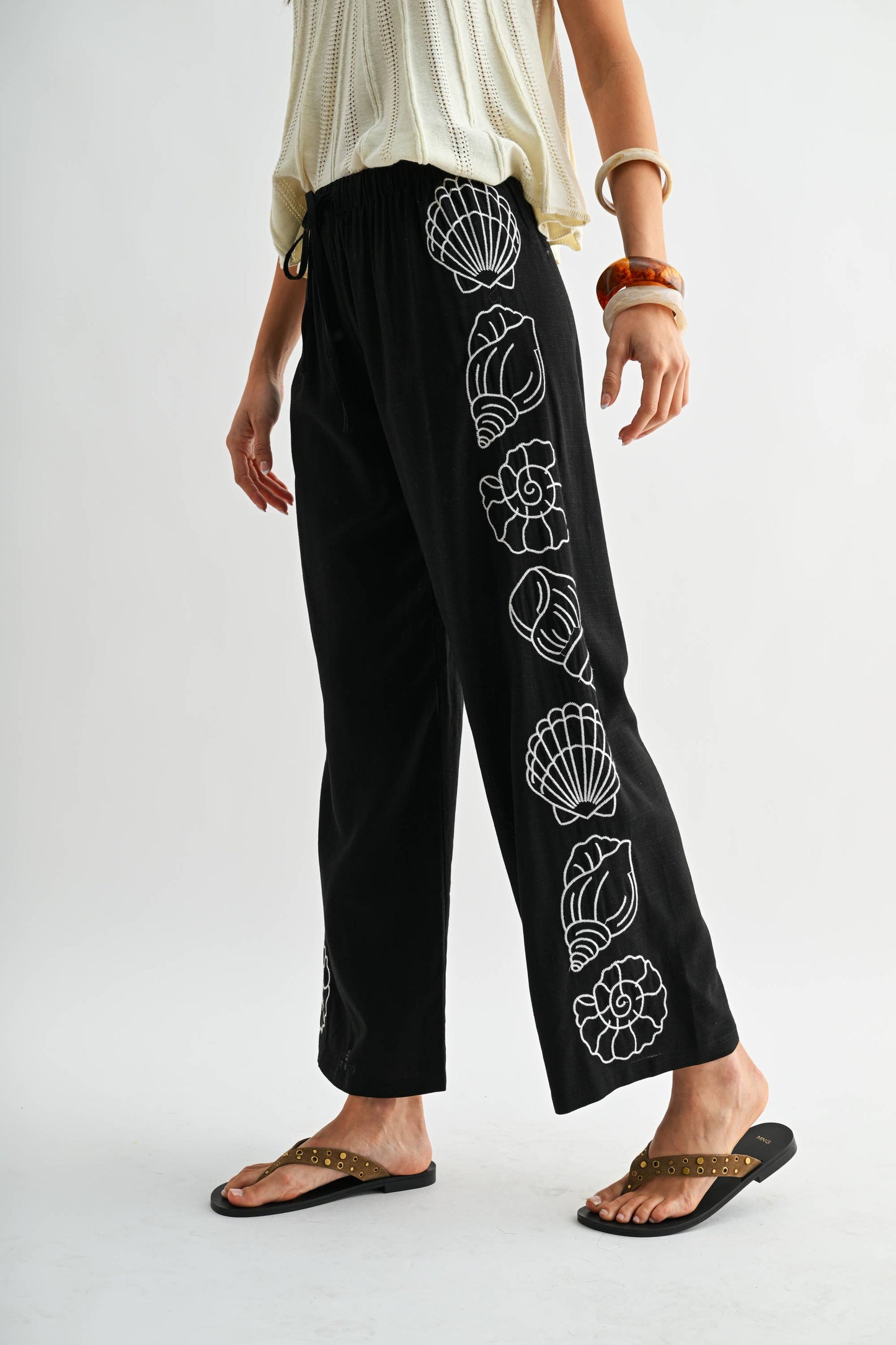 Wide Leg Pants - White Seashell Embroider