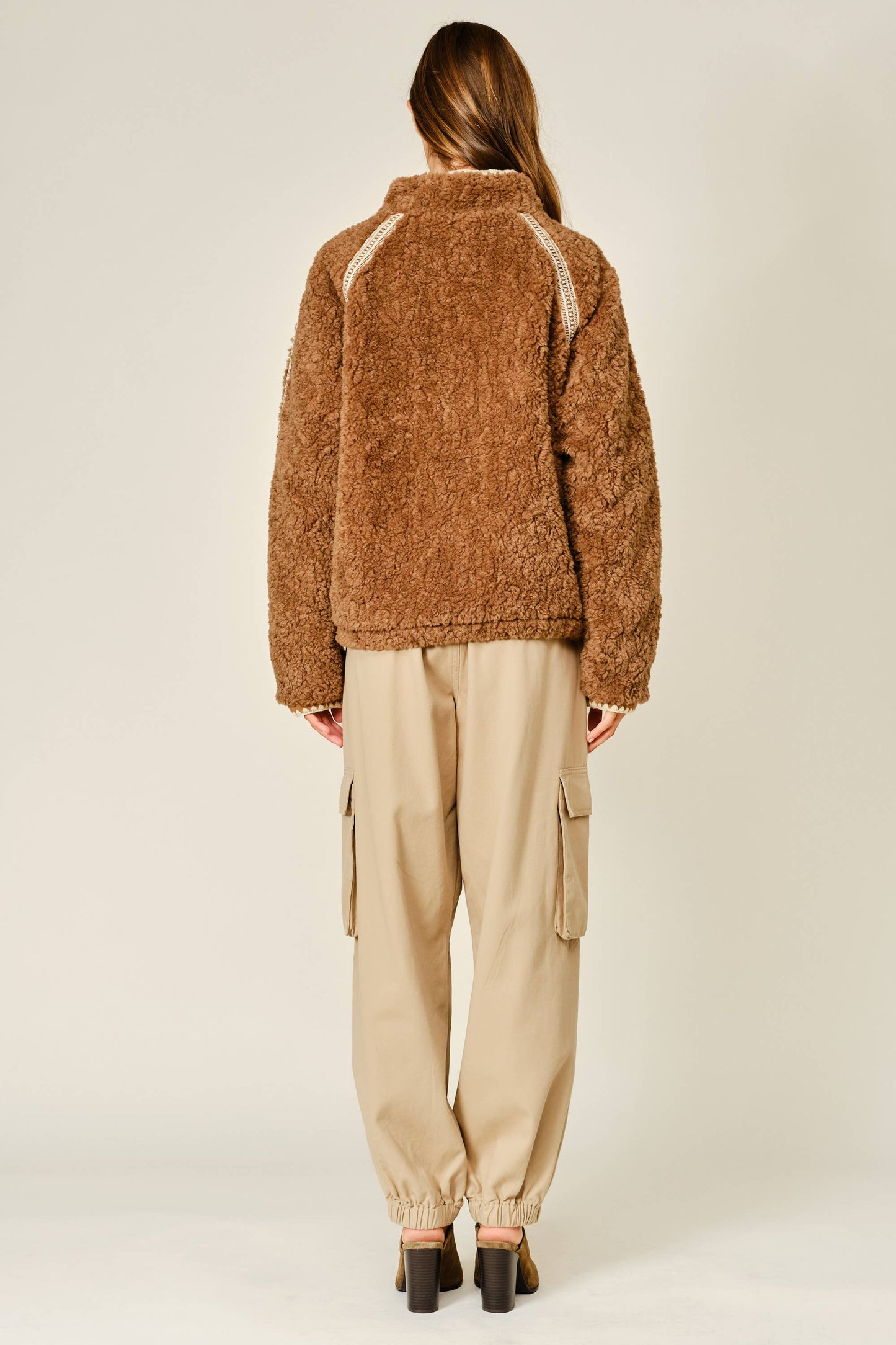 Embroidered Line Soft Teddy Fleece - Camel
