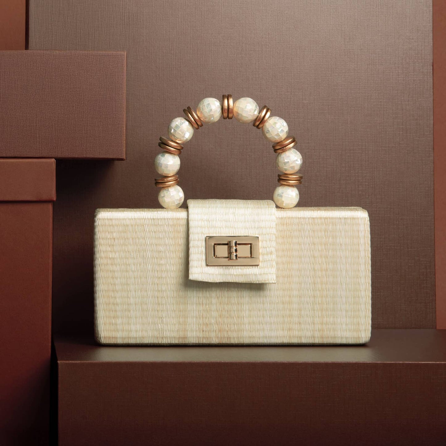 Cream Statement Clutch - Shell Inlay Bead Handle