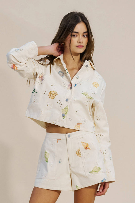 Printed Shell and Starfish Cropped Jacket
