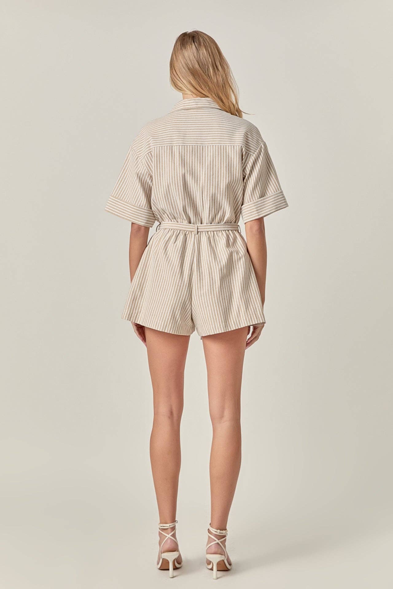 The Elise Oxford Stripe Romper - Tan Stripe - English Factory