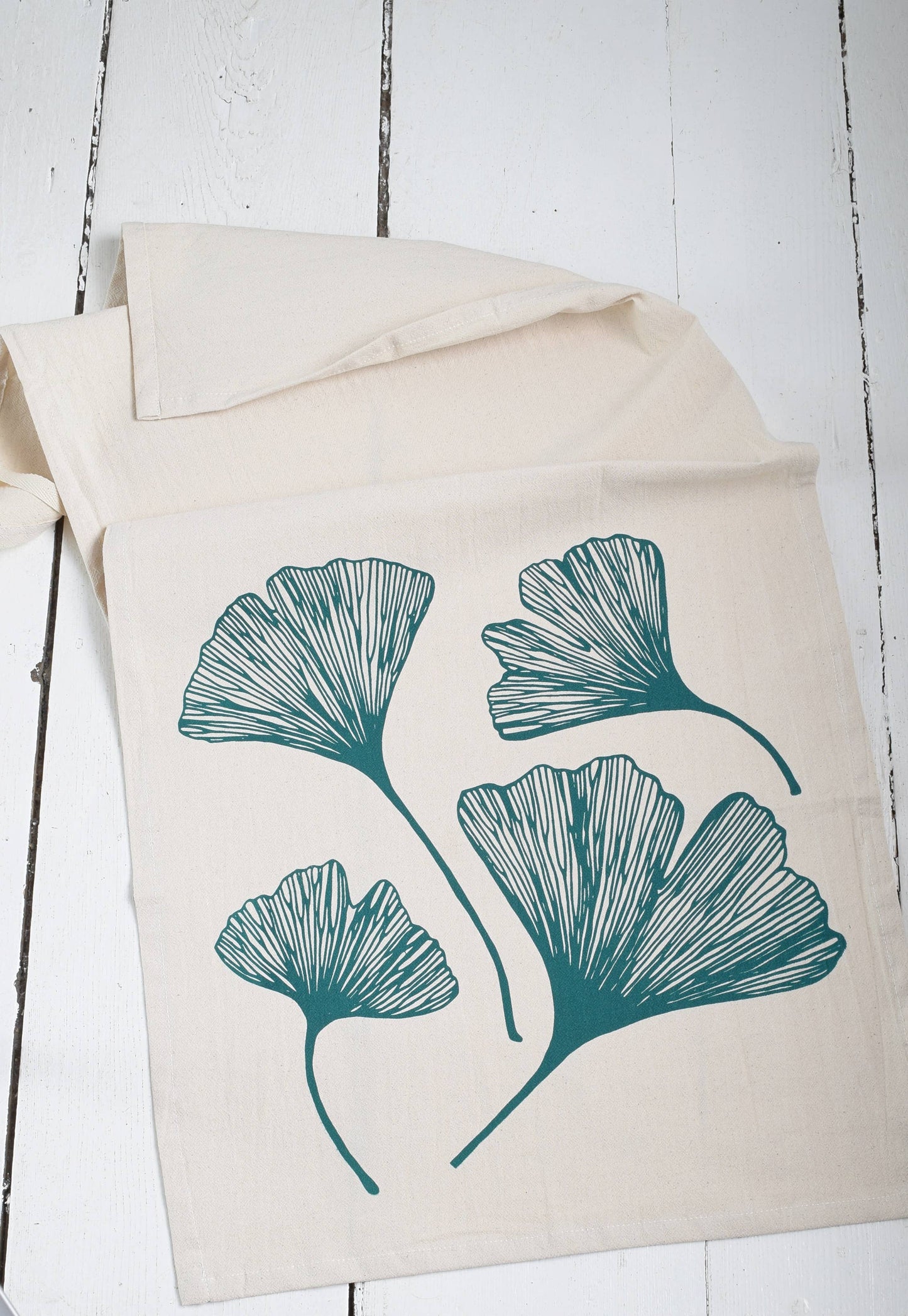 Ginkgo Leaf Tea Towel in Green - Organic Cotton - Natural
