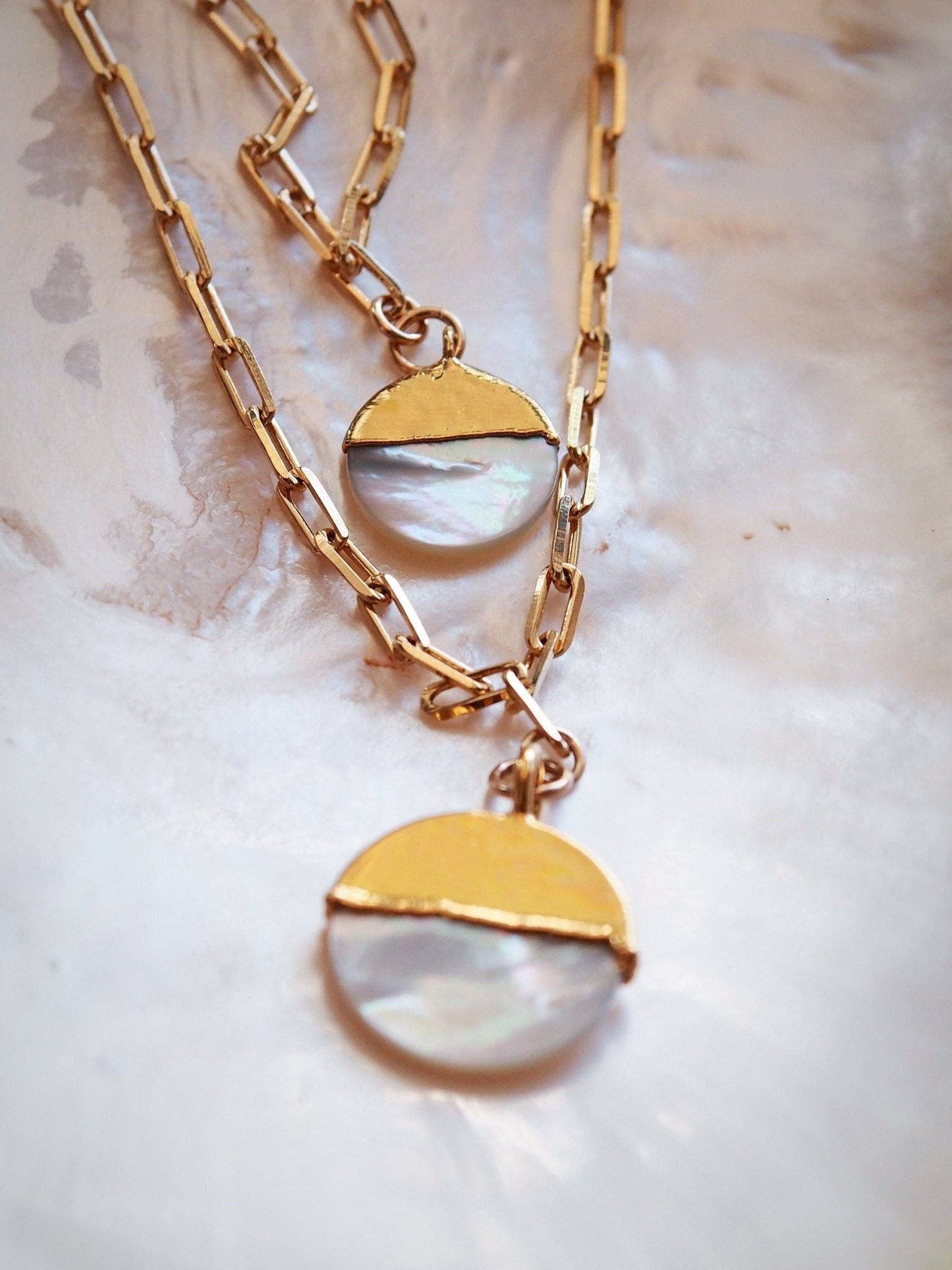 Mother of Pearl Gold Filled Coin Charm Necklace - 18 + 2 Inches - 22mm