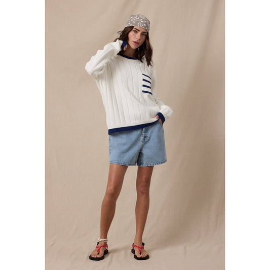 Striped Pocket Ribbed Sweater - Navy/White