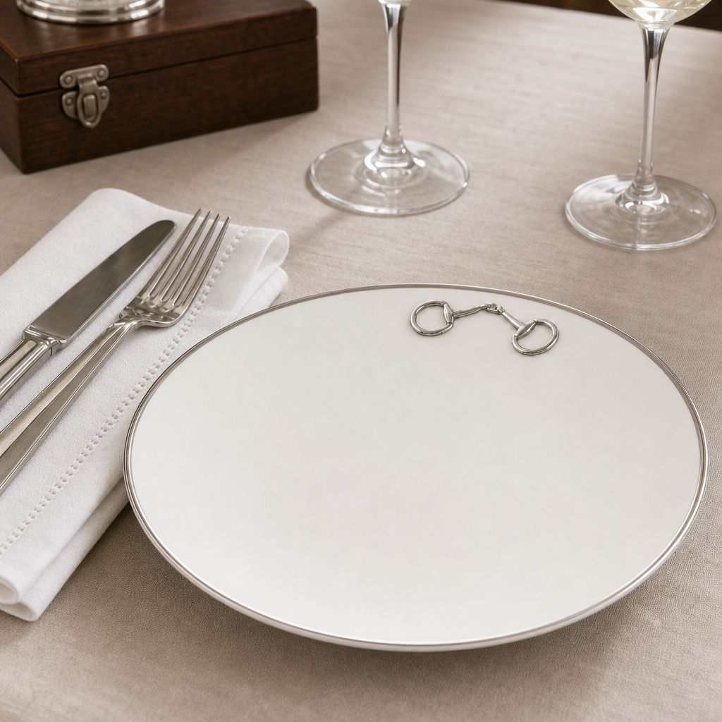 Pewter Bit Bone China Round Dinner Plate Platinum Rim