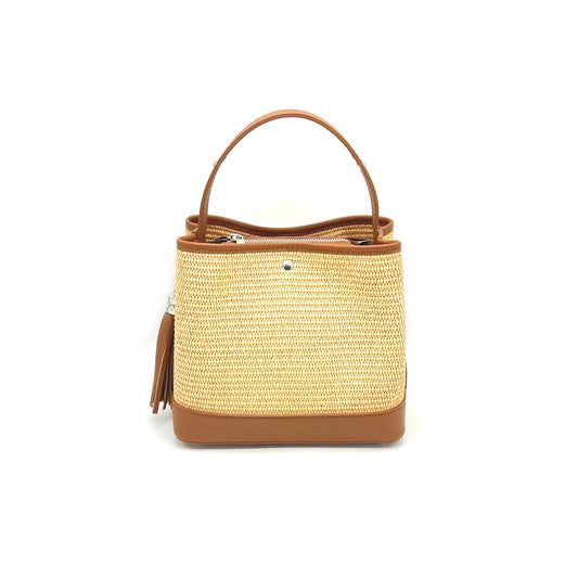 Raffia and Genuine Leather Bag - Made in Italy - Brown