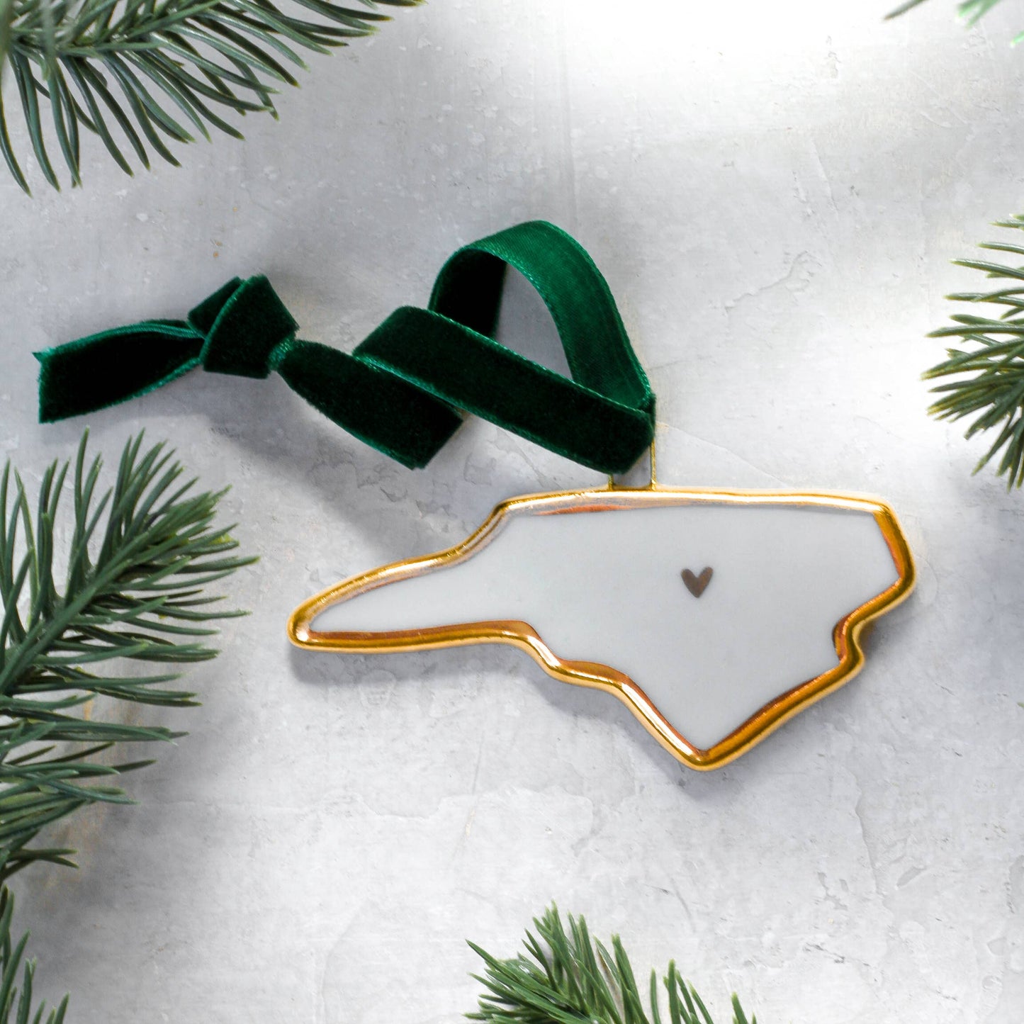 Handmade Porcelain State Ornaments with Gold Heart - Green / Rhode Island