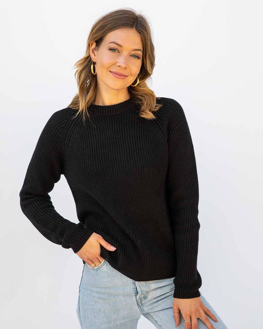 Cotton Fisherman Crewneck Sweater - Black