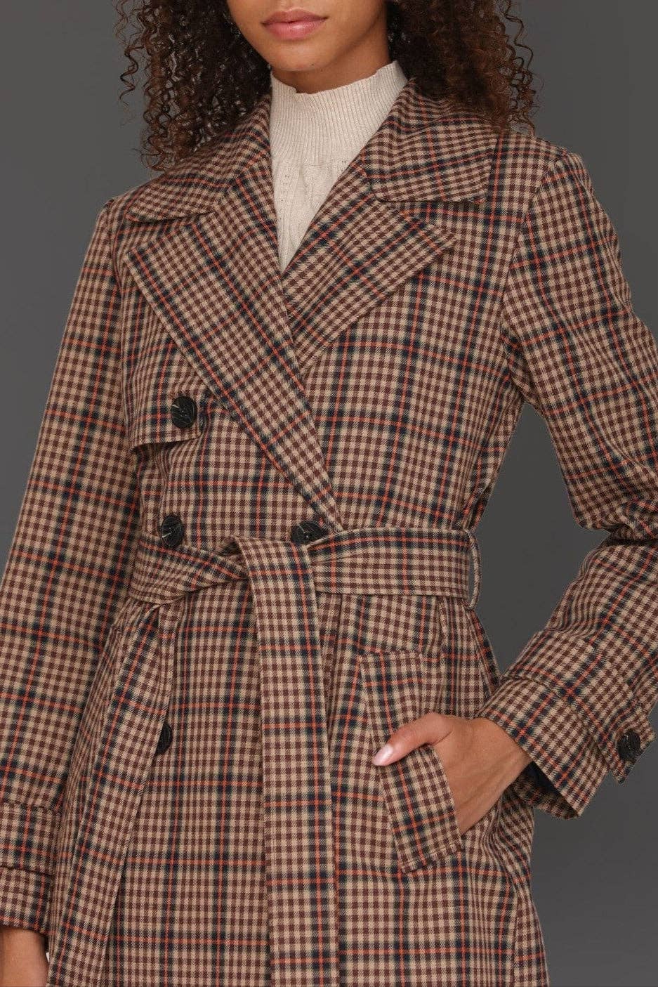 Plaid Belted Maxi Trench Coat - Brown/Orange