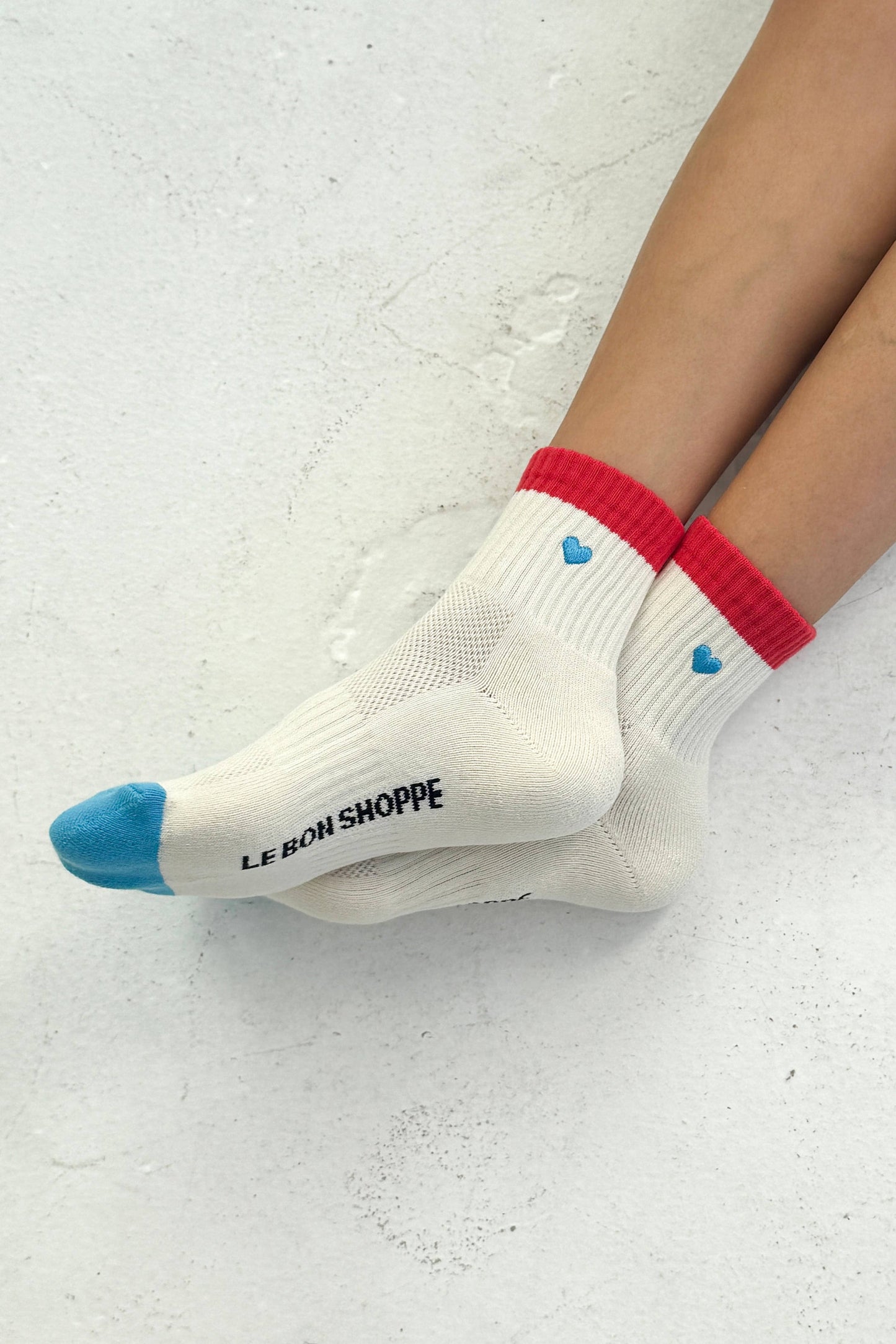 Embroidered Color Block Girlfriend Socks - Blue, Red + Heart