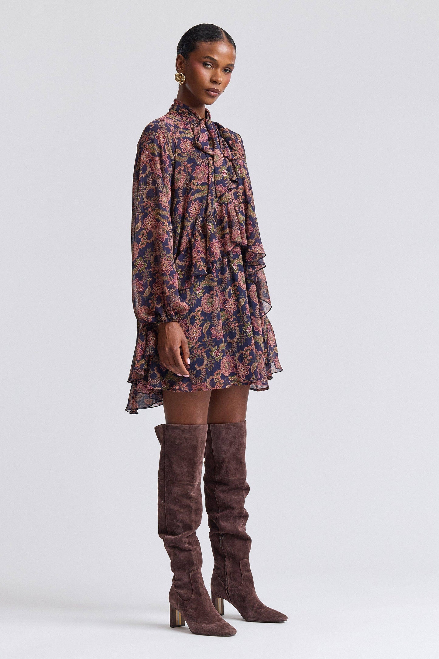 Paisley Chiffon Ruffle Mini Dress - Navy Paisley Garden
