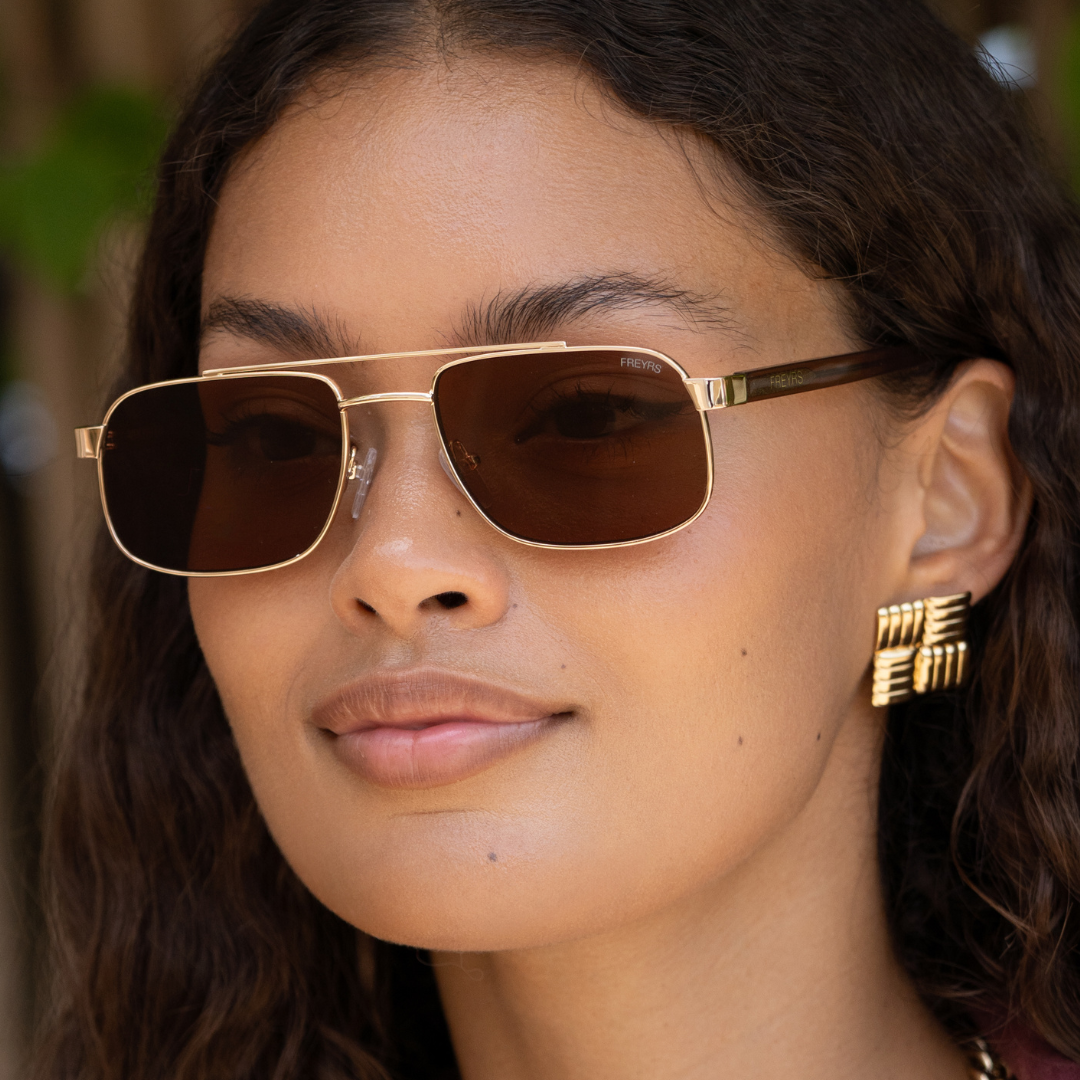 Vesper Unisex Aviator Sunglasses - Gold + Solid Brown - FREYRS
