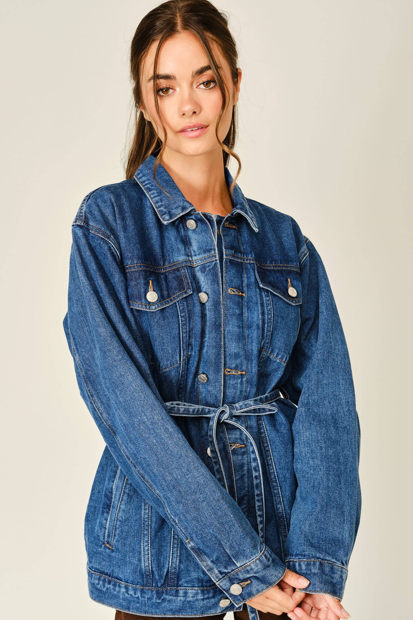 Double Placket Belted Denim Jacket ￼