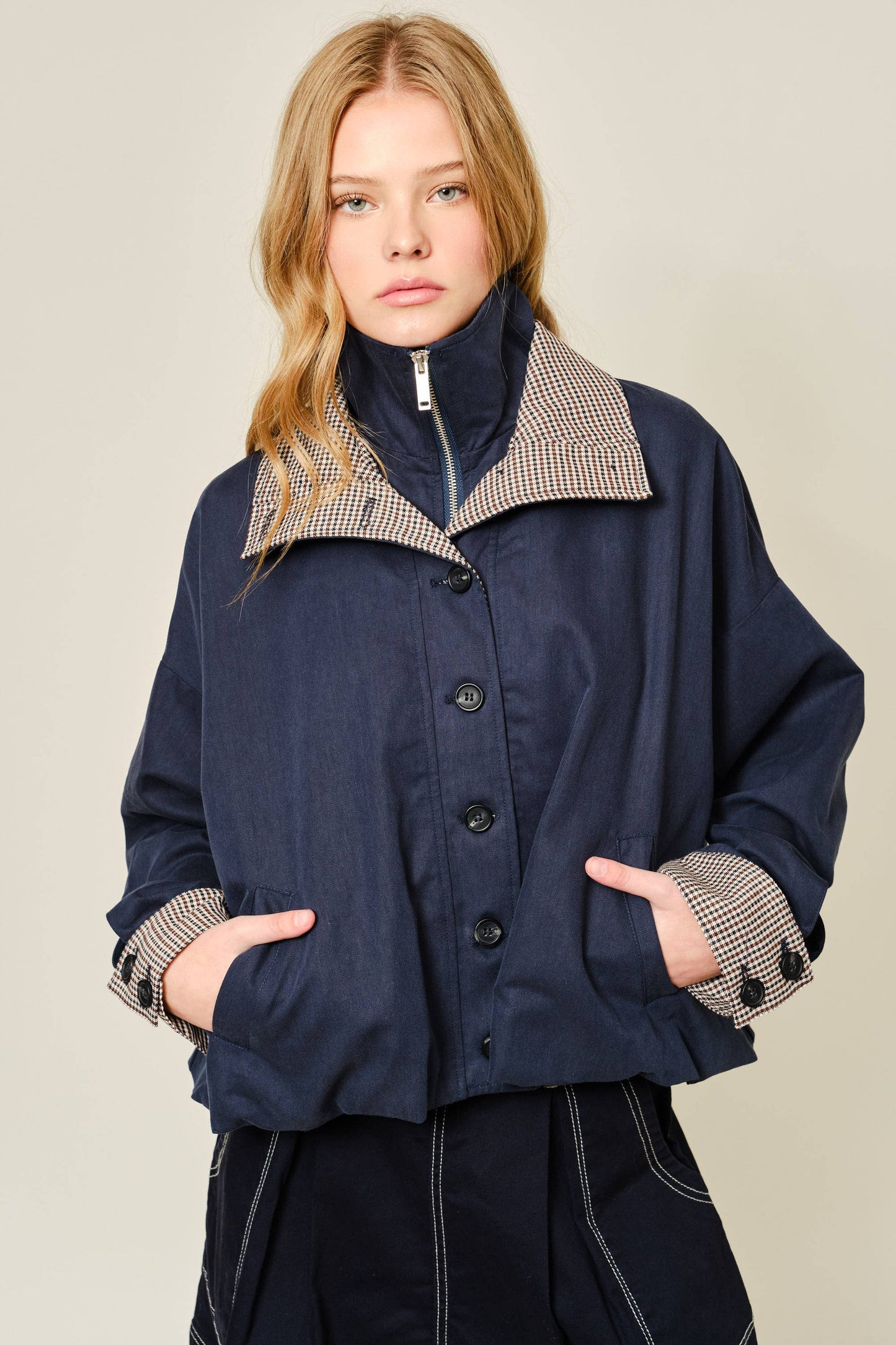 Oversized Bomber Jacket with Plaid Detail