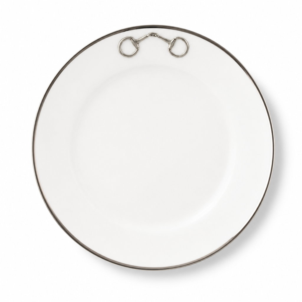 Pewter Bit Bone China Round Dinner Plate Platinum Rim
