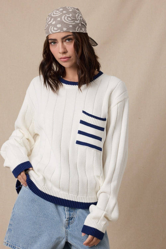 Striped Pocket Ribbed Sweater - Navy/White