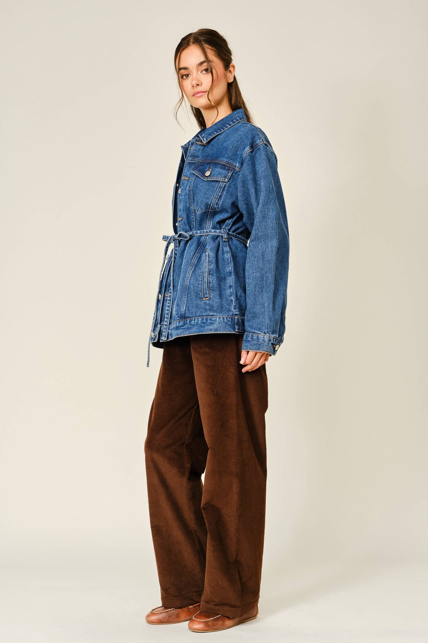Double Placket Belted Denim Jacket ￼