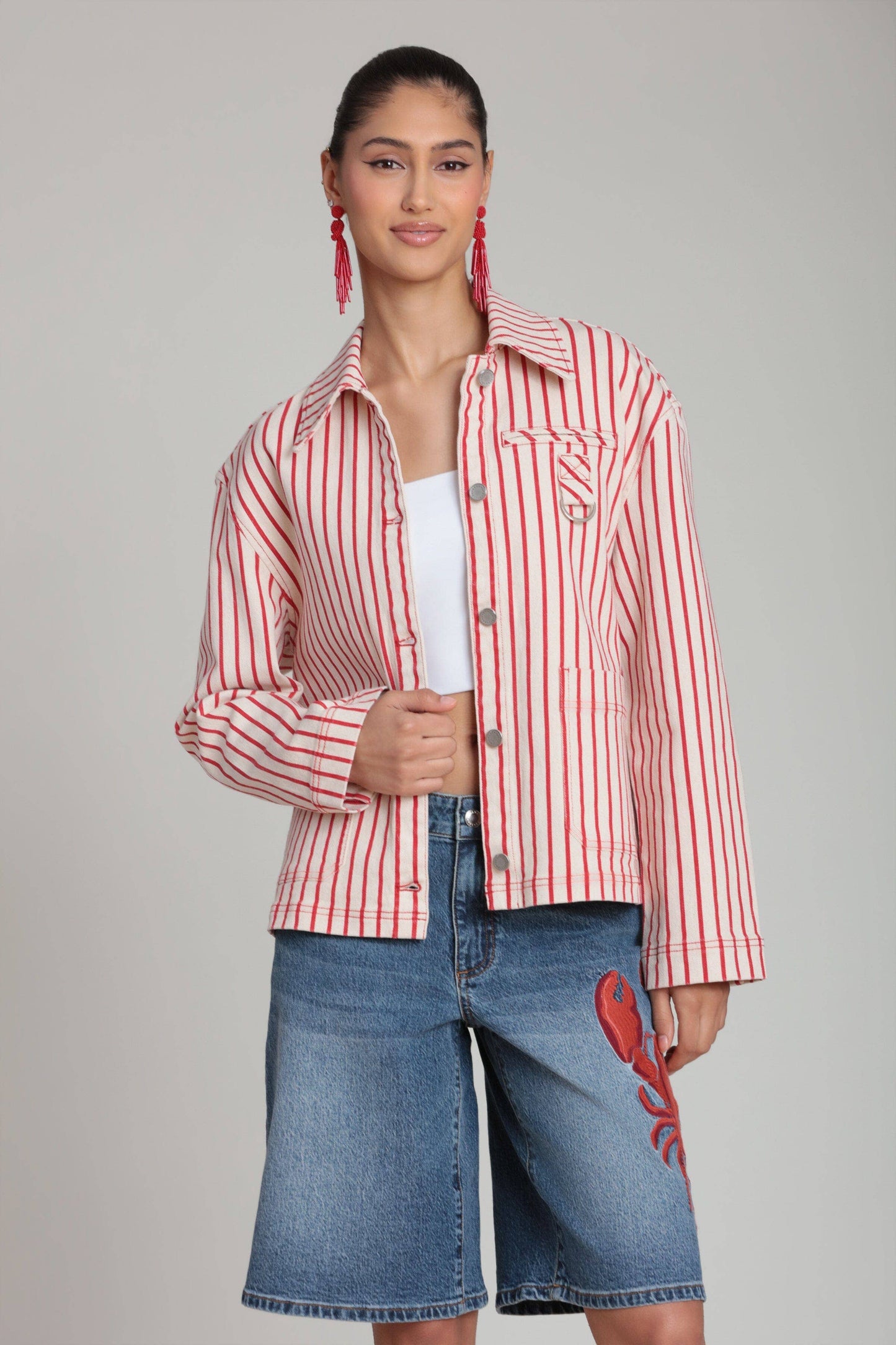 Striped Stretch Cotton Chore Jacket - Cream/Red Stripe