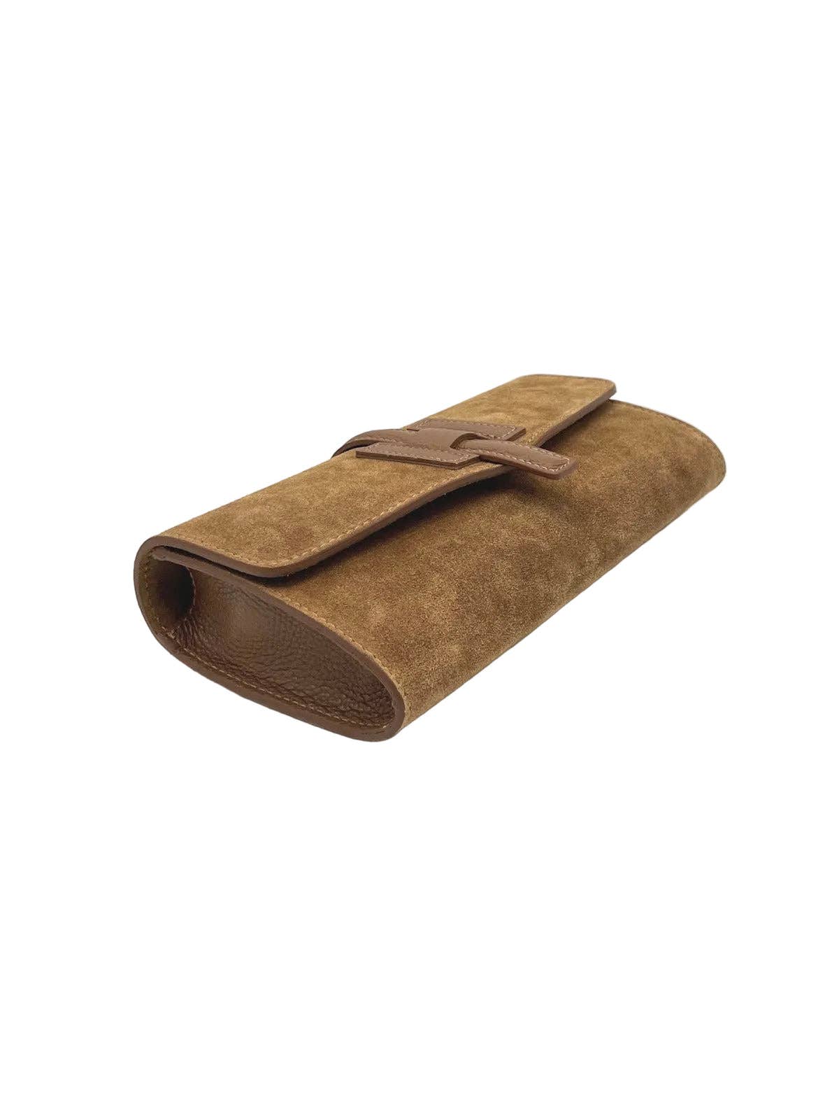 Suede + Leather Flap Clutch with Detachable Strap, Made in Italy - Dark Brown