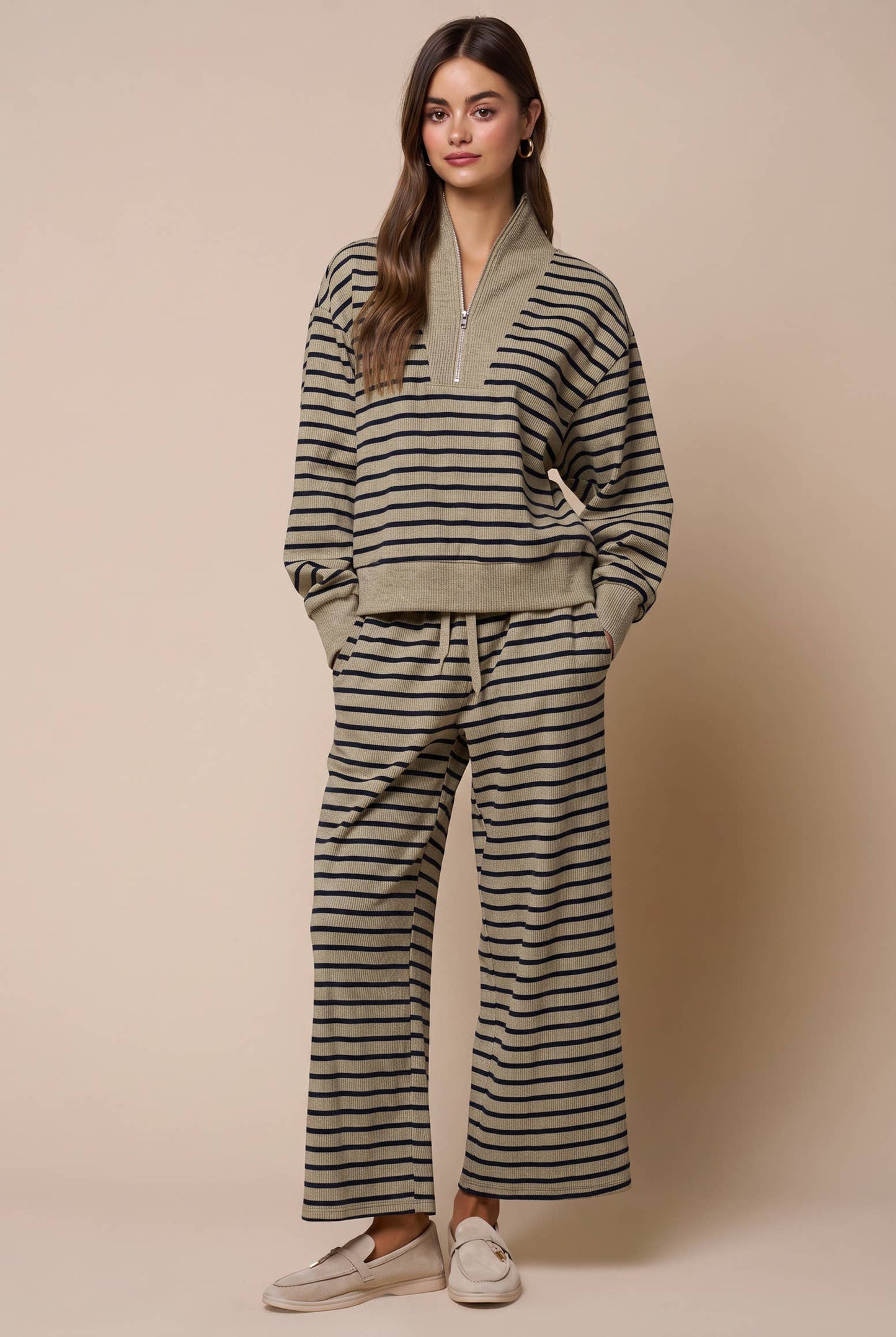 Stripe Drawstring Wide Leg Knit Pants - Olive/Navy