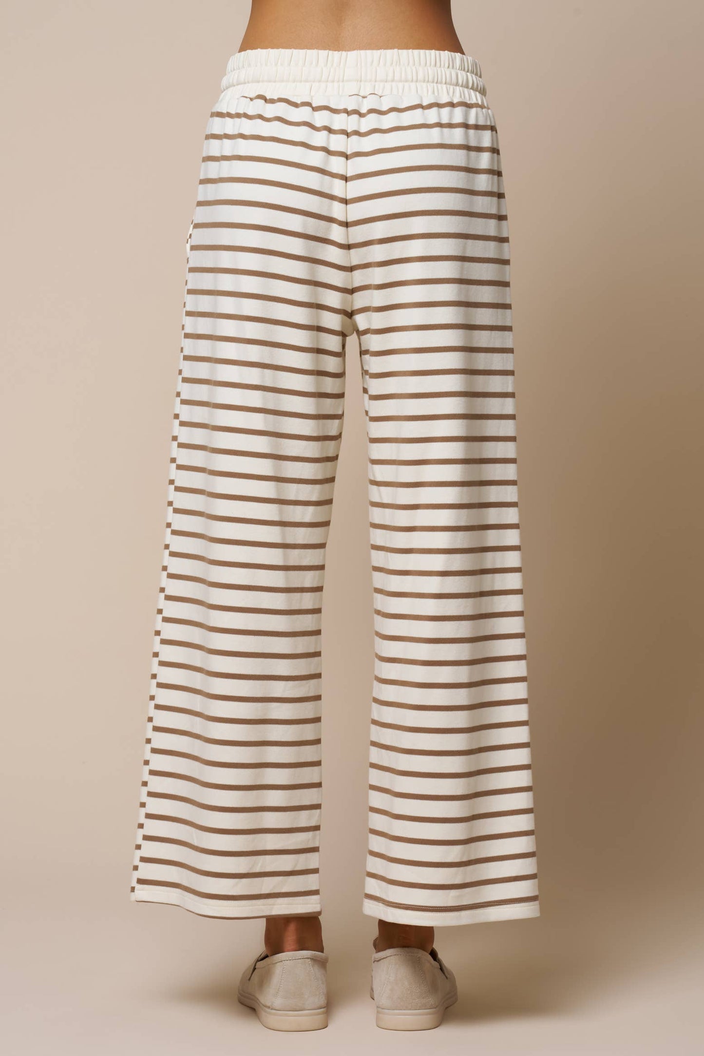 Stripe Drawstring Wide Leg Knit Pants - Cream/Taupe
