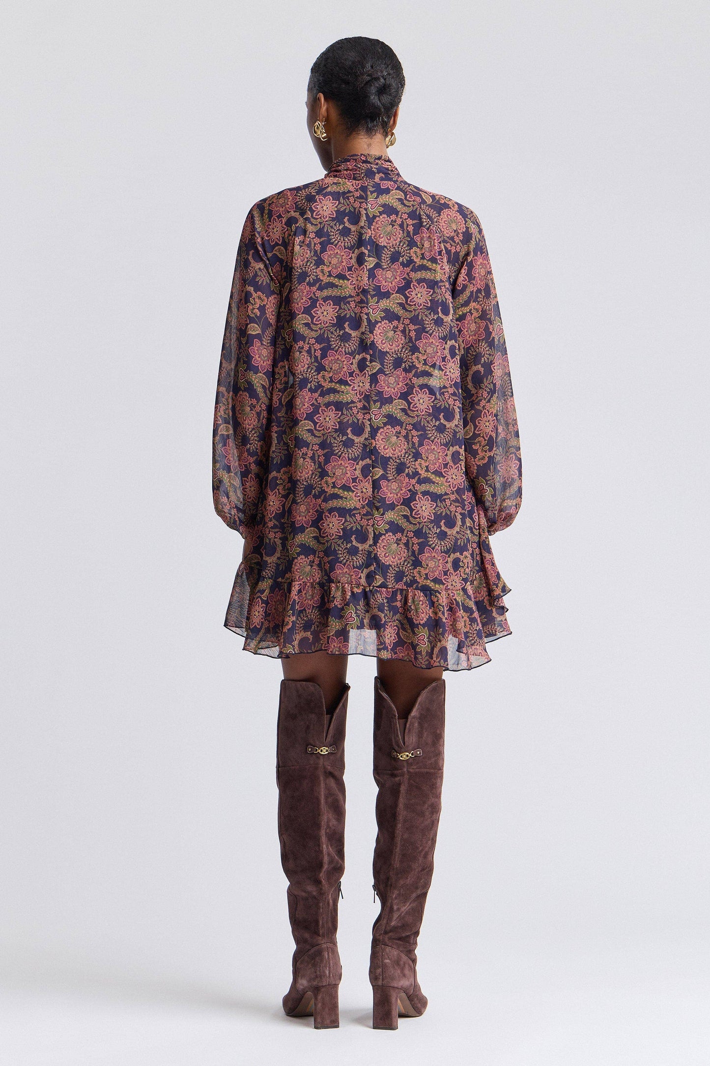 Paisley Chiffon Ruffle Mini Dress - Navy Paisley Garden