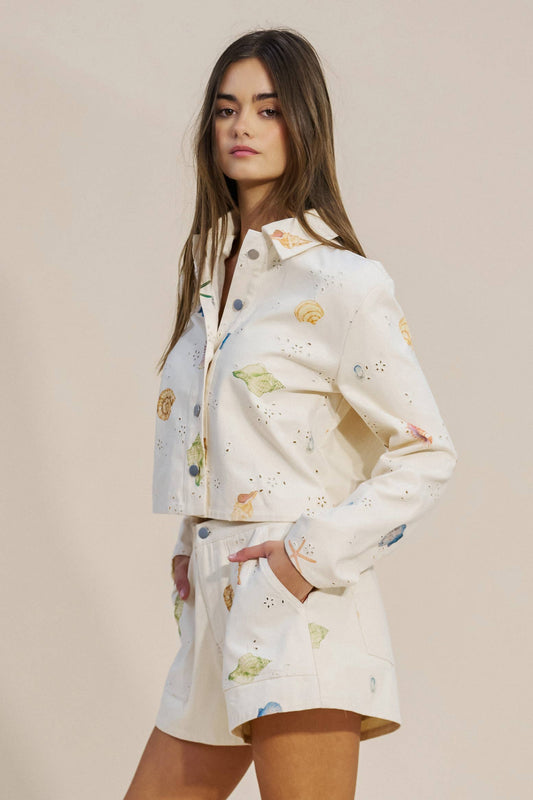 Printed Shell and Starfish Cropped Jacket