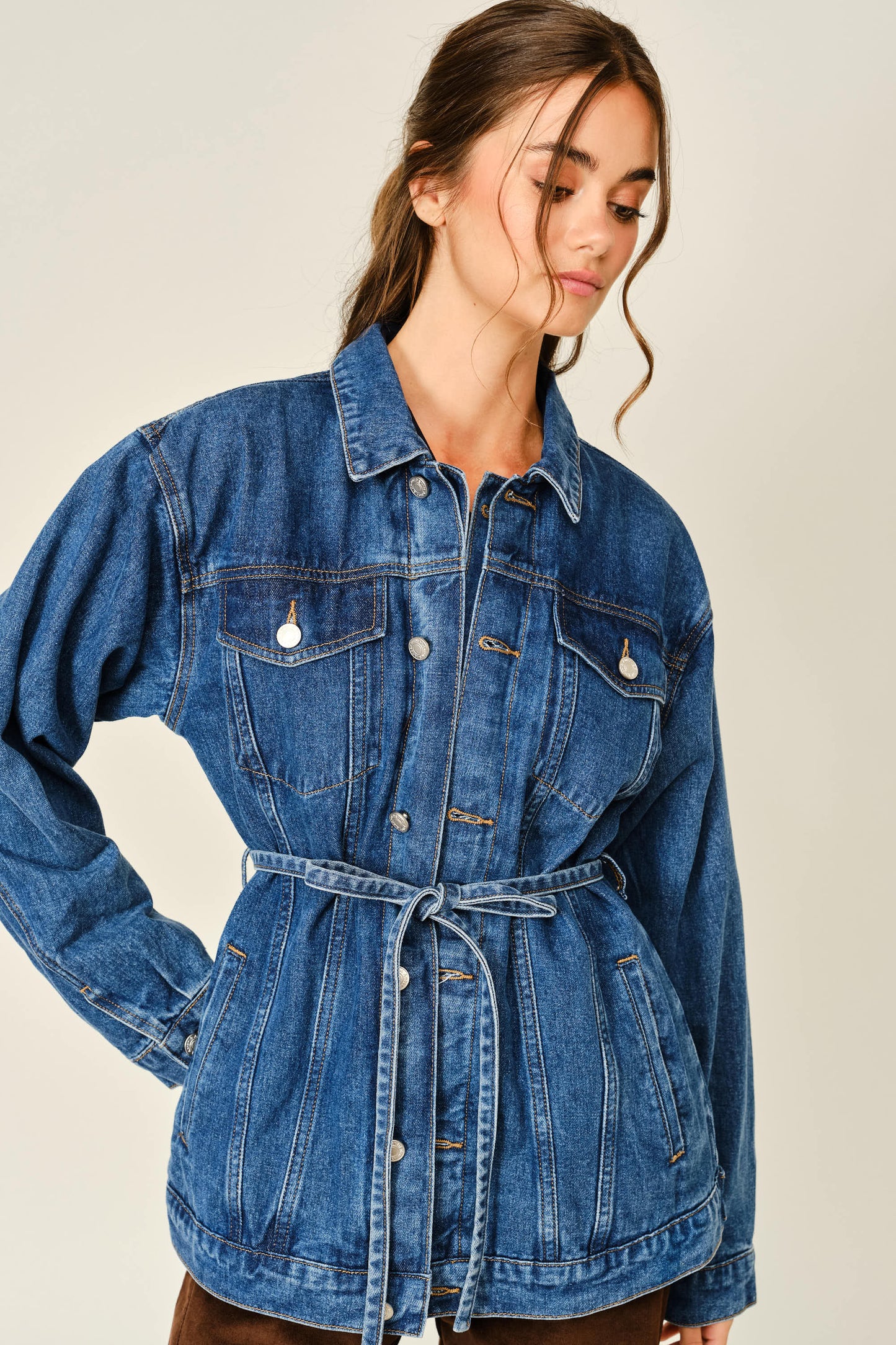Double Placket Belted Denim Jacket ￼