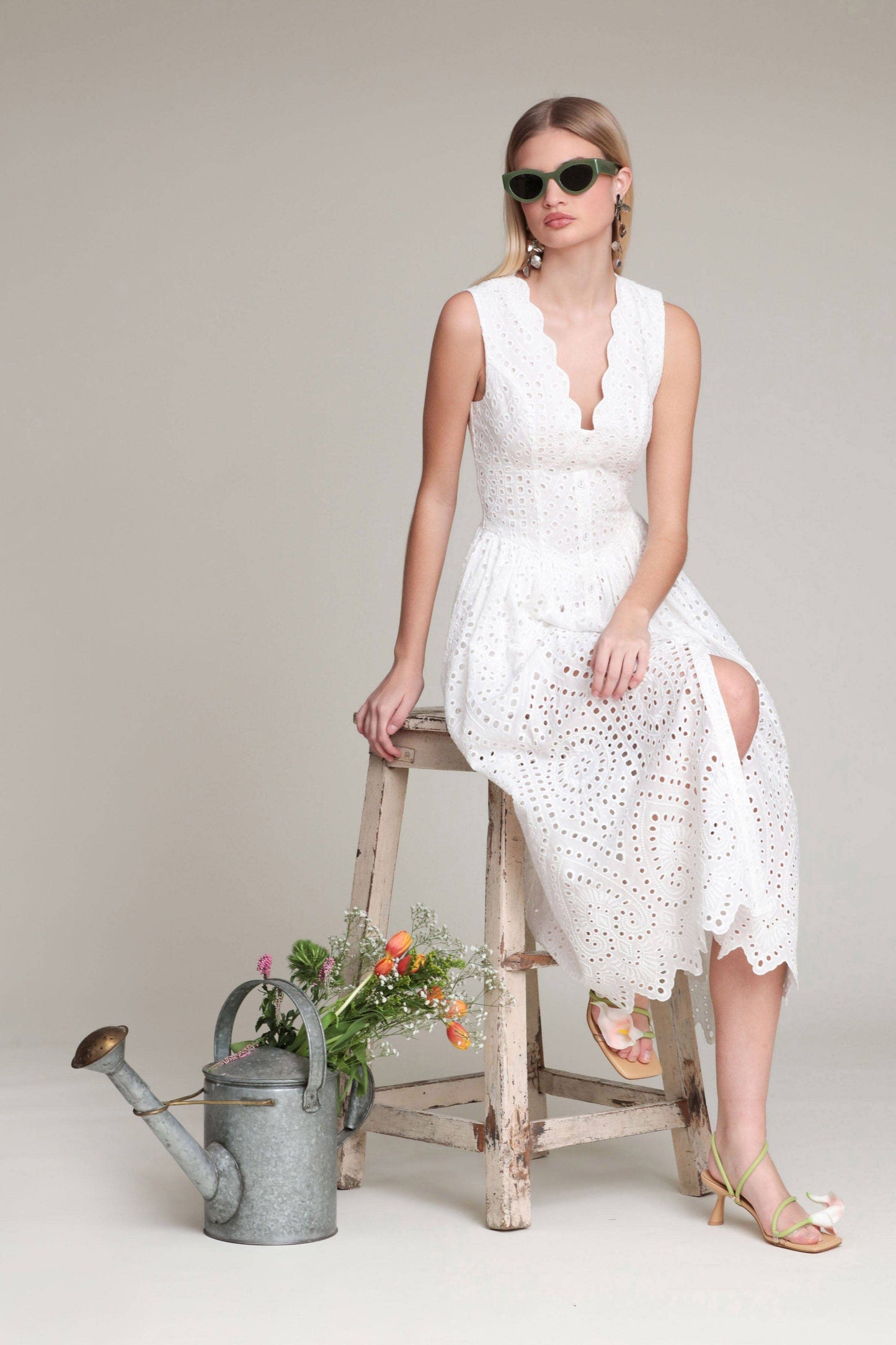 Broderie Anglaise Cotton Midi Dress - White