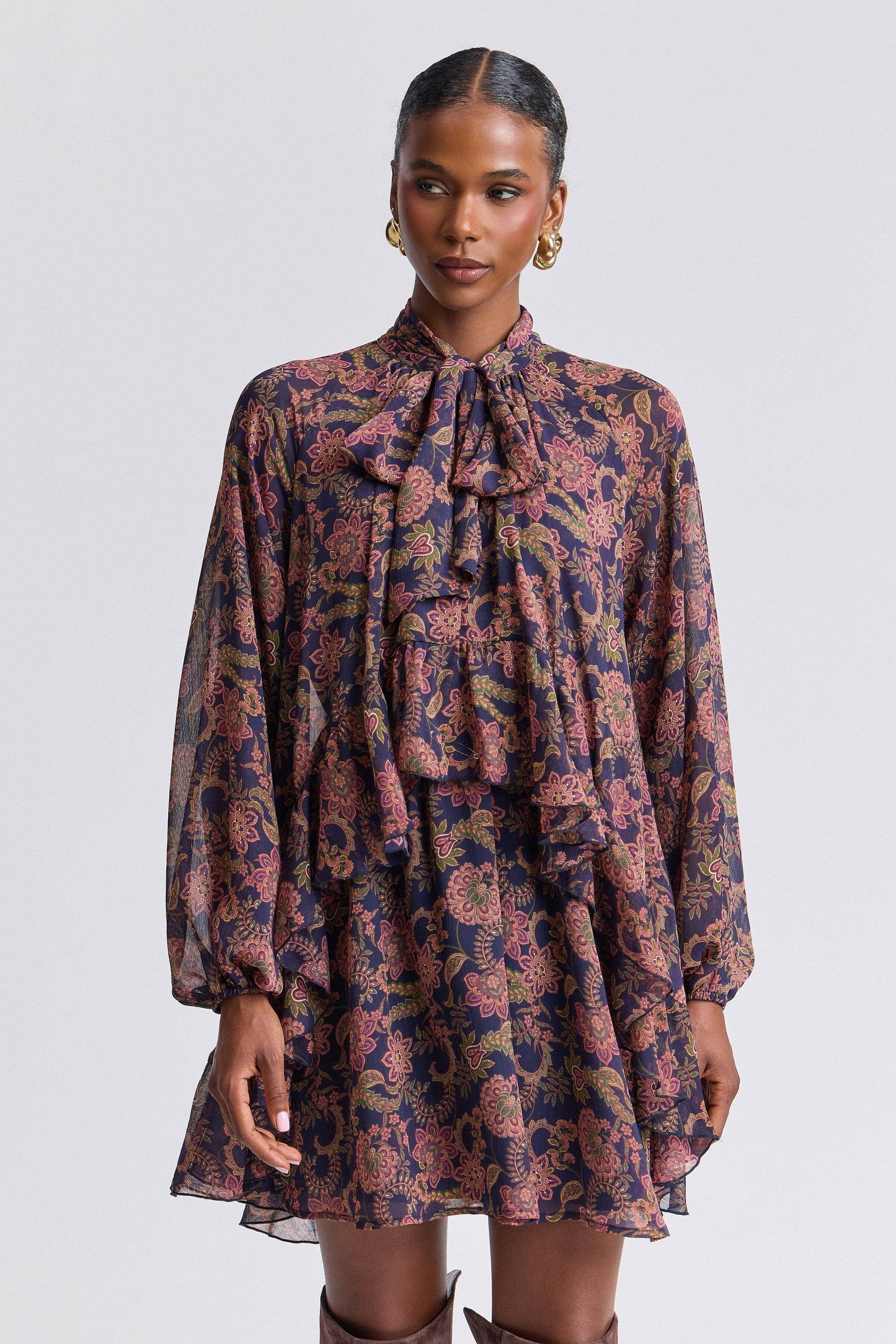 Paisley Chiffon Ruffle Mini Dress - Navy Paisley Garden