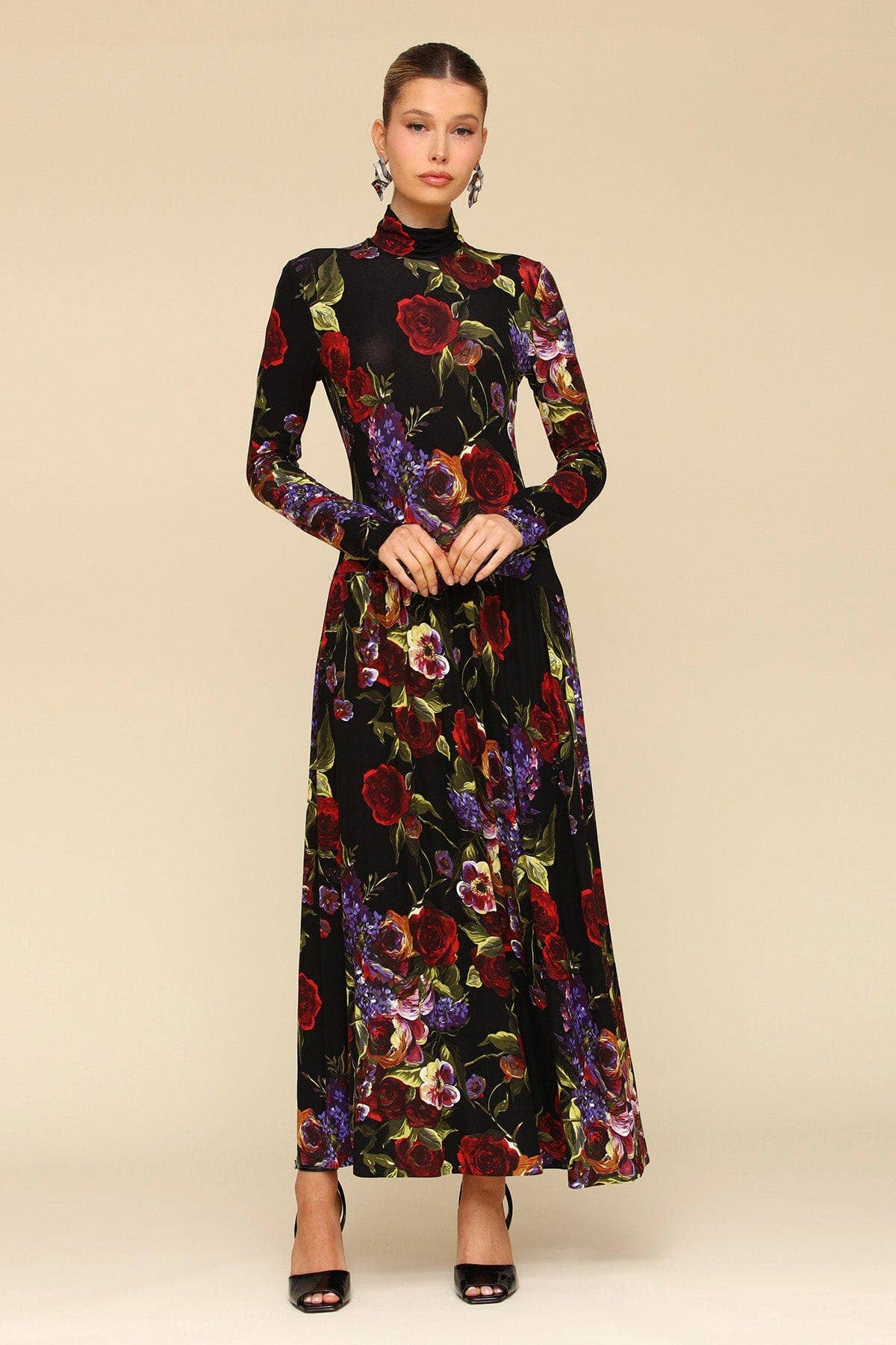 Dark Floral Drop-Waist Maxi Dress - Dark Portofino Rose