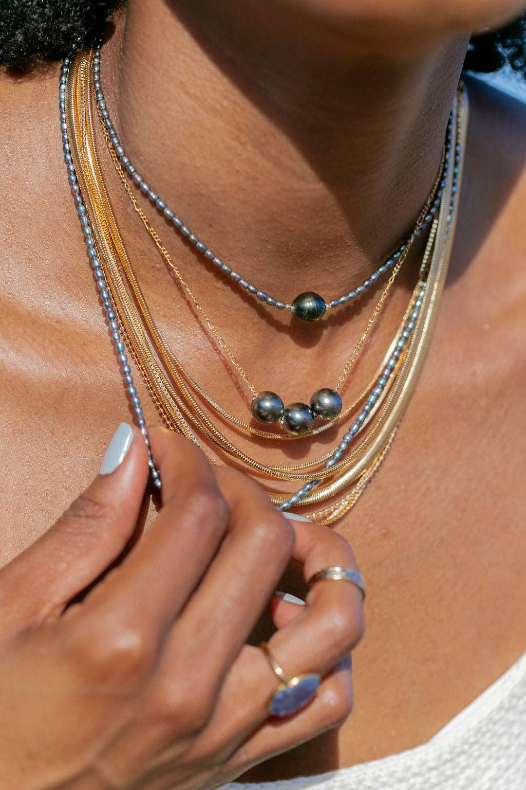 Gold Triple Floating Tahitian Pearl Necklace - 17 in