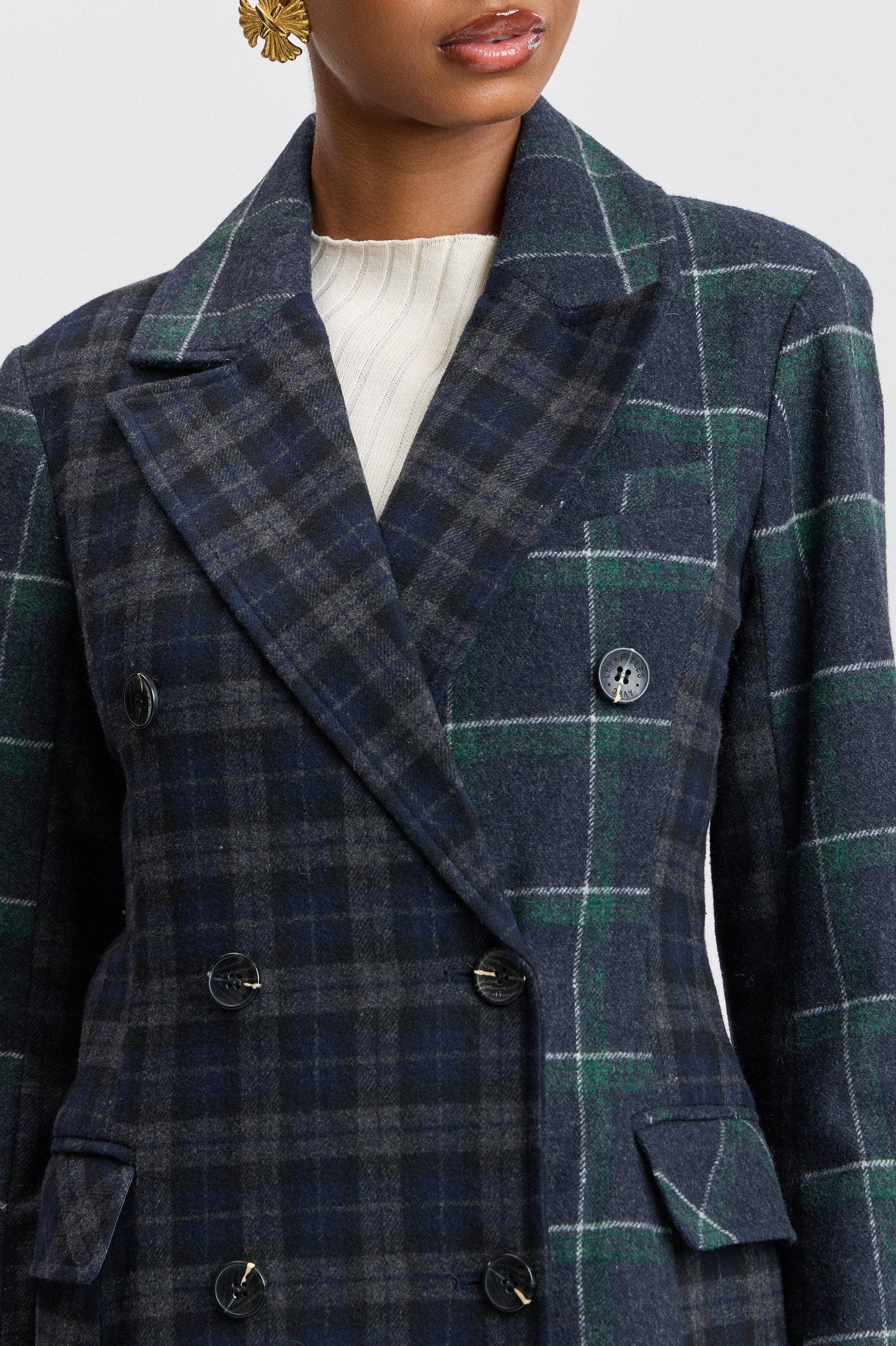 Mixed Plaid Tailored Coat - Navy-Green Plaid Multi - Avec Les Filles