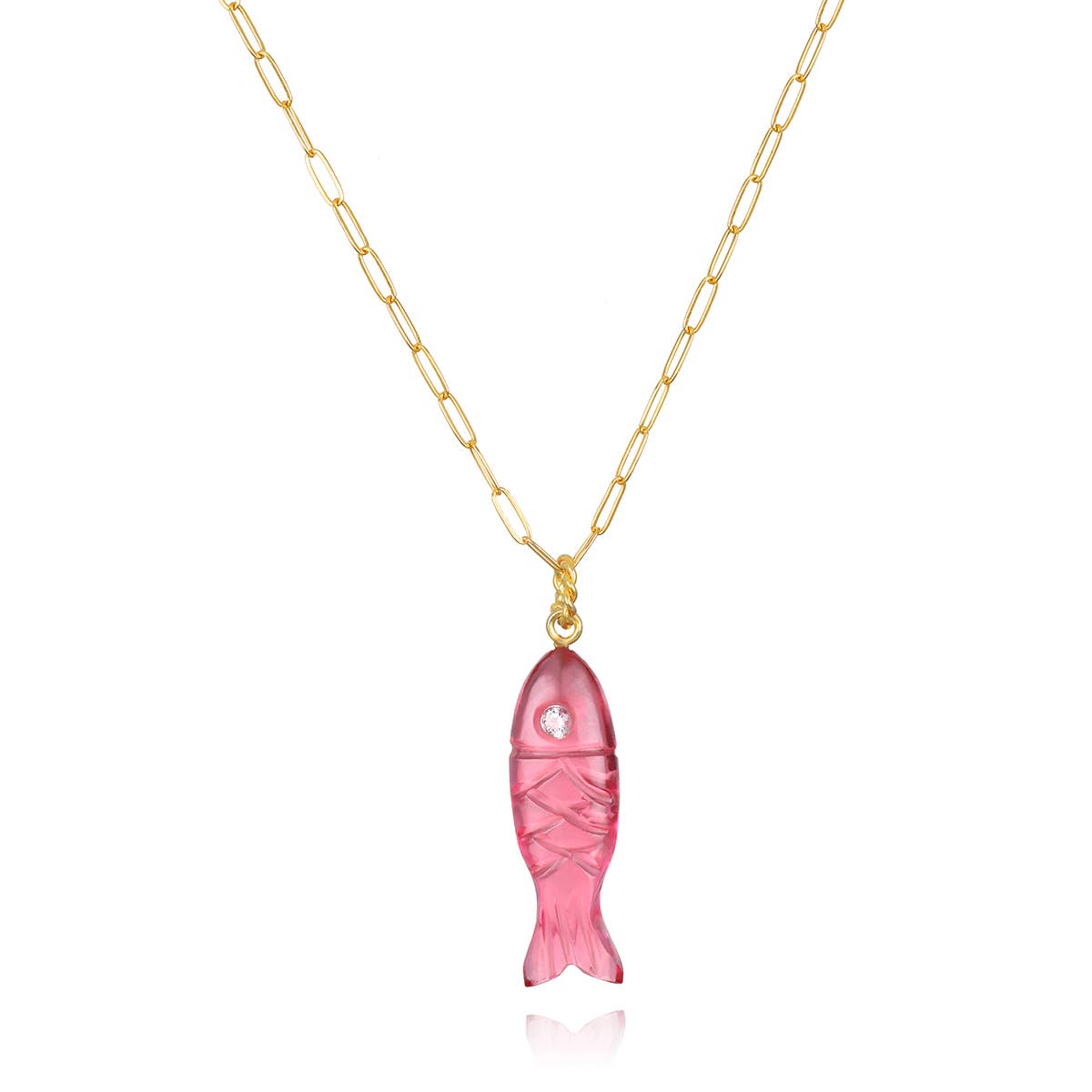 Natural Stone Fish Charm Necklace - Pink Quartz