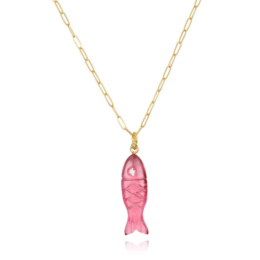 Natural Stone Fish Charm Necklace - Pink Quartz