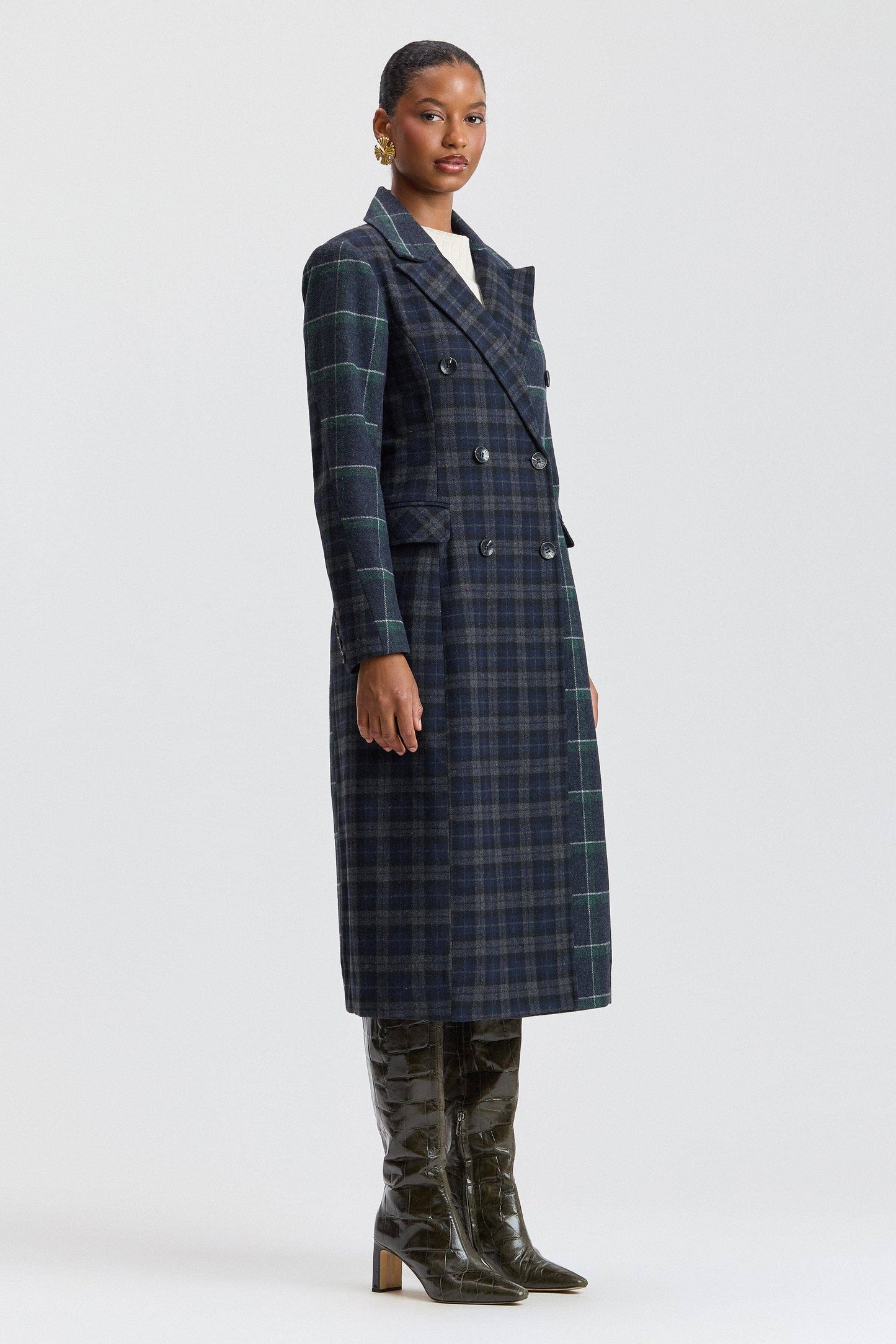 Mixed Plaid Tailored Coat - Navy-Green Plaid Multi - Avec Les Filles