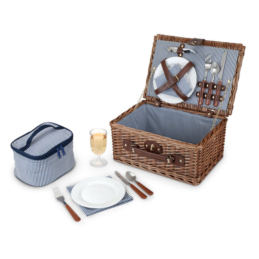 Newport Woven Wicker Picnic Basket Set w Insulated Carrier: Brown / Wicker Plastic / Cloth / Metal