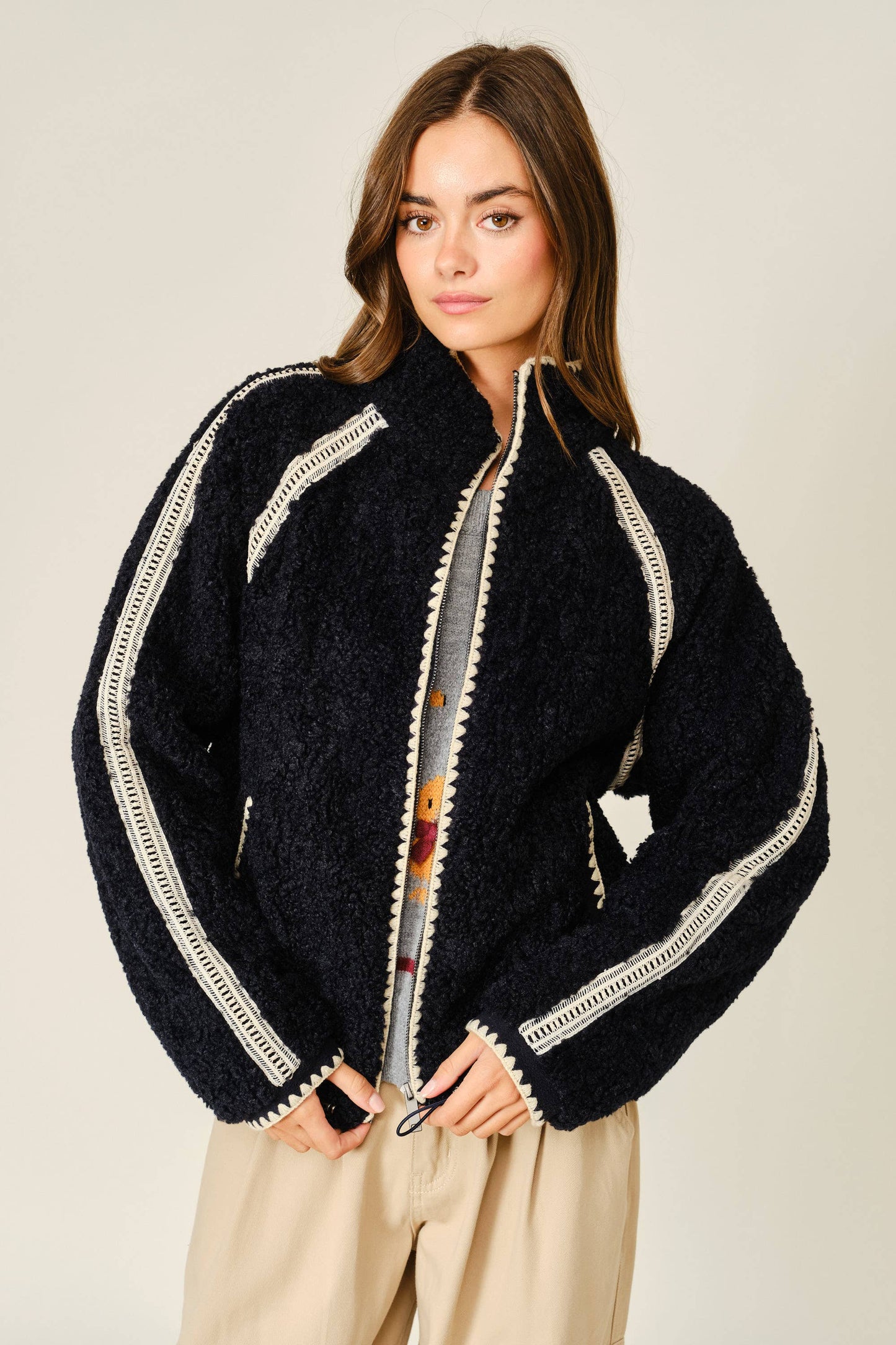 Embroidered Line Soft Teddy Fleece - Dark Navy