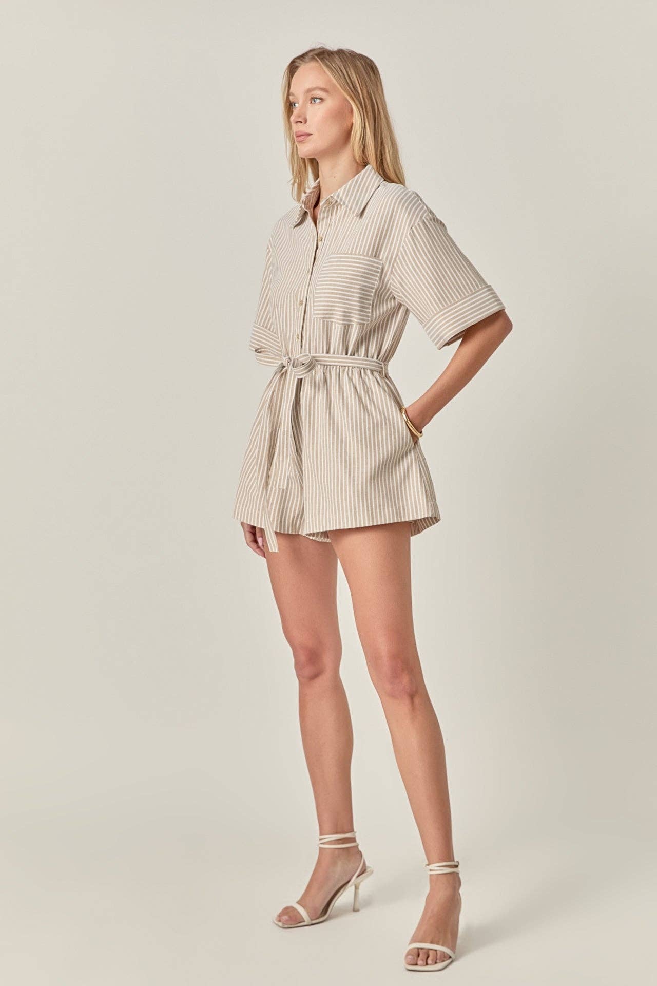 The Elise Oxford Stripe Romper - Tan Stripe - English Factory