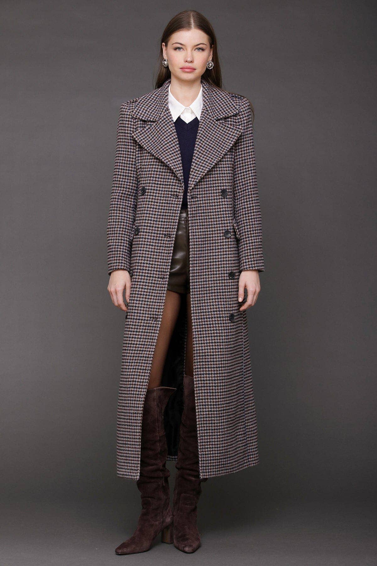Heritage Houndstooth Maxi Coat - Grey/Navy