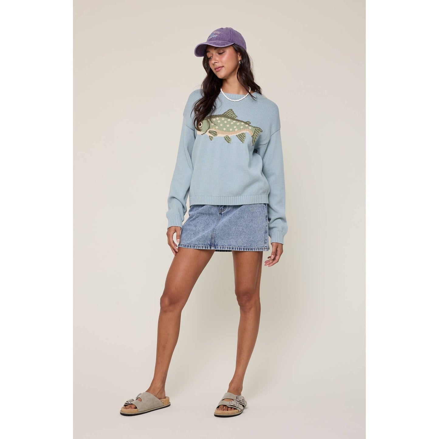 Cotton Crewneck Fish Sweater - Sky Blue