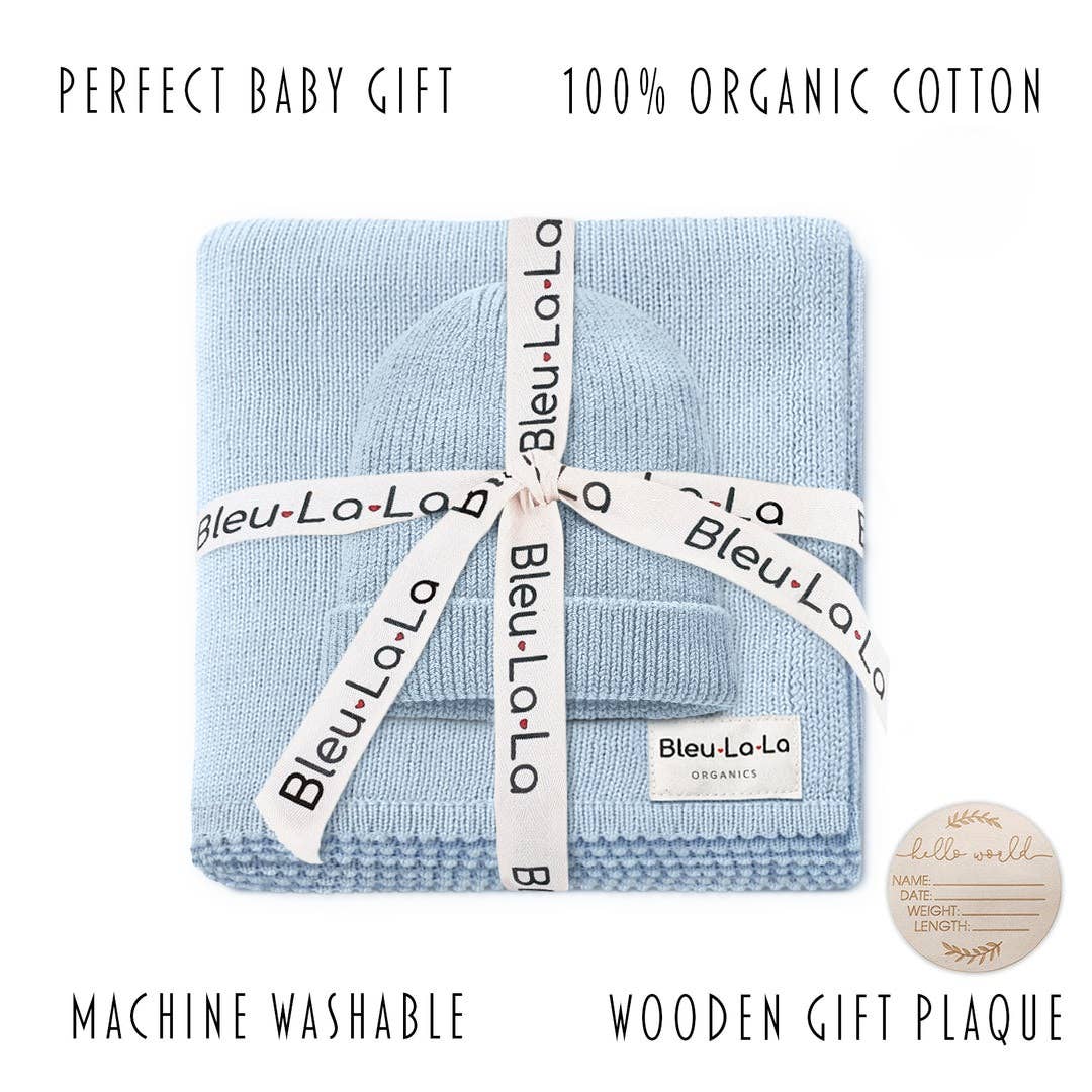 Luxe - 100% Organic Cotton Knit Blanket + Hat Boxed Gift Set - Sky Blue