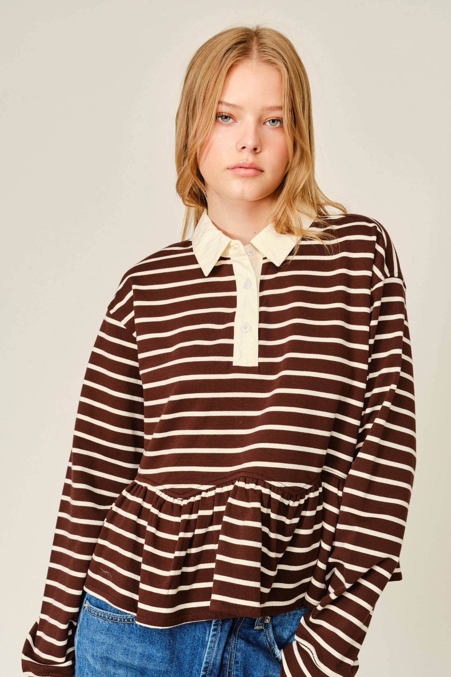 Flare Polo Sweatshirt Brown Stripes