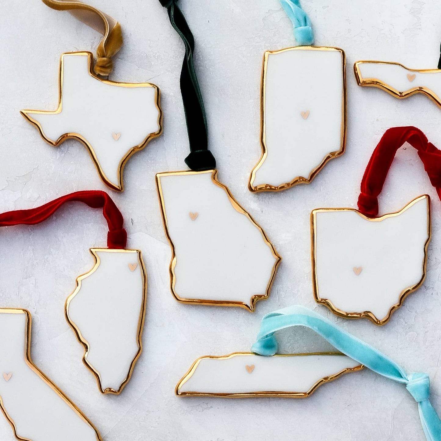 Handmade Porcelain State Ornaments with Gold Heart - Red / Rhode Island